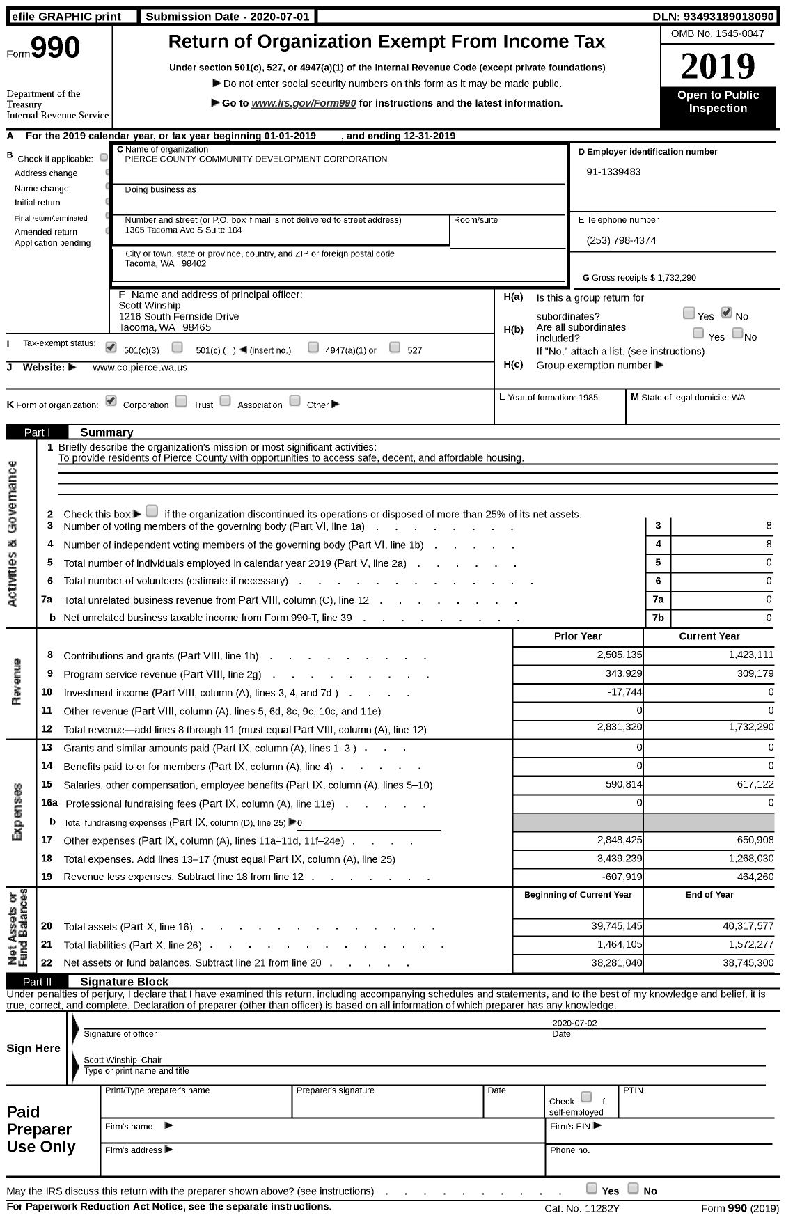 Image of first page of 2019 Form 990 for Pierce County Community Development Corporation