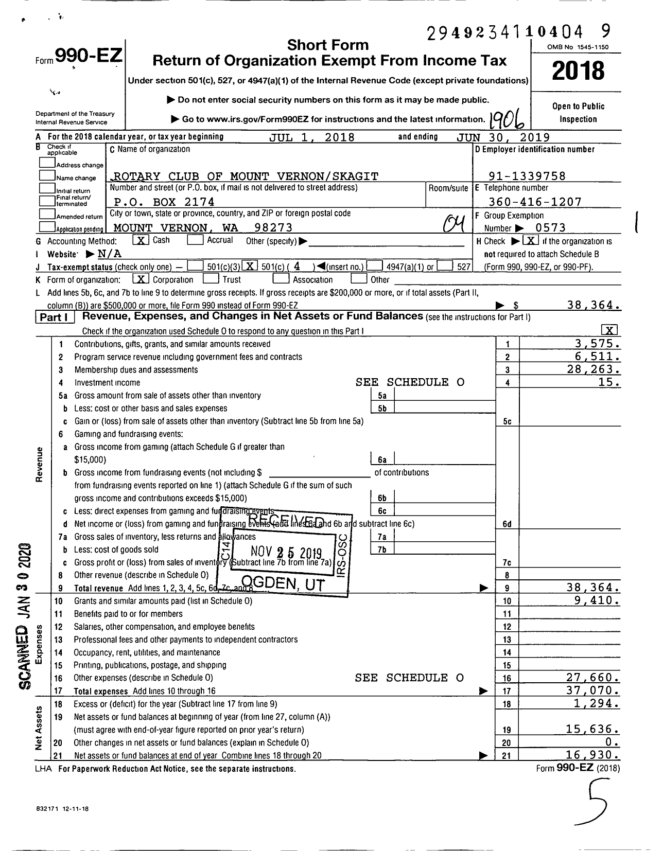 Image of first page of 2018 Form 990EO for Rotary International - Mount Vernon-Skagit Rotary Club