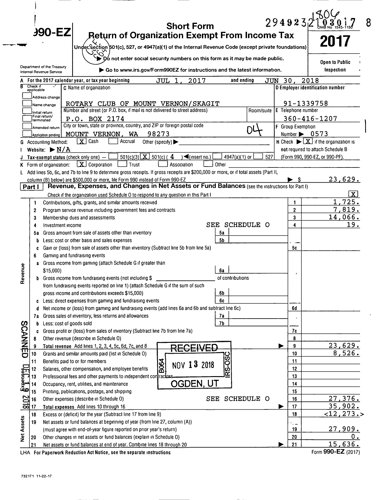 Image of first page of 2017 Form 990EO for Rotary International - Mount Vernon-Skagit Rotary Club