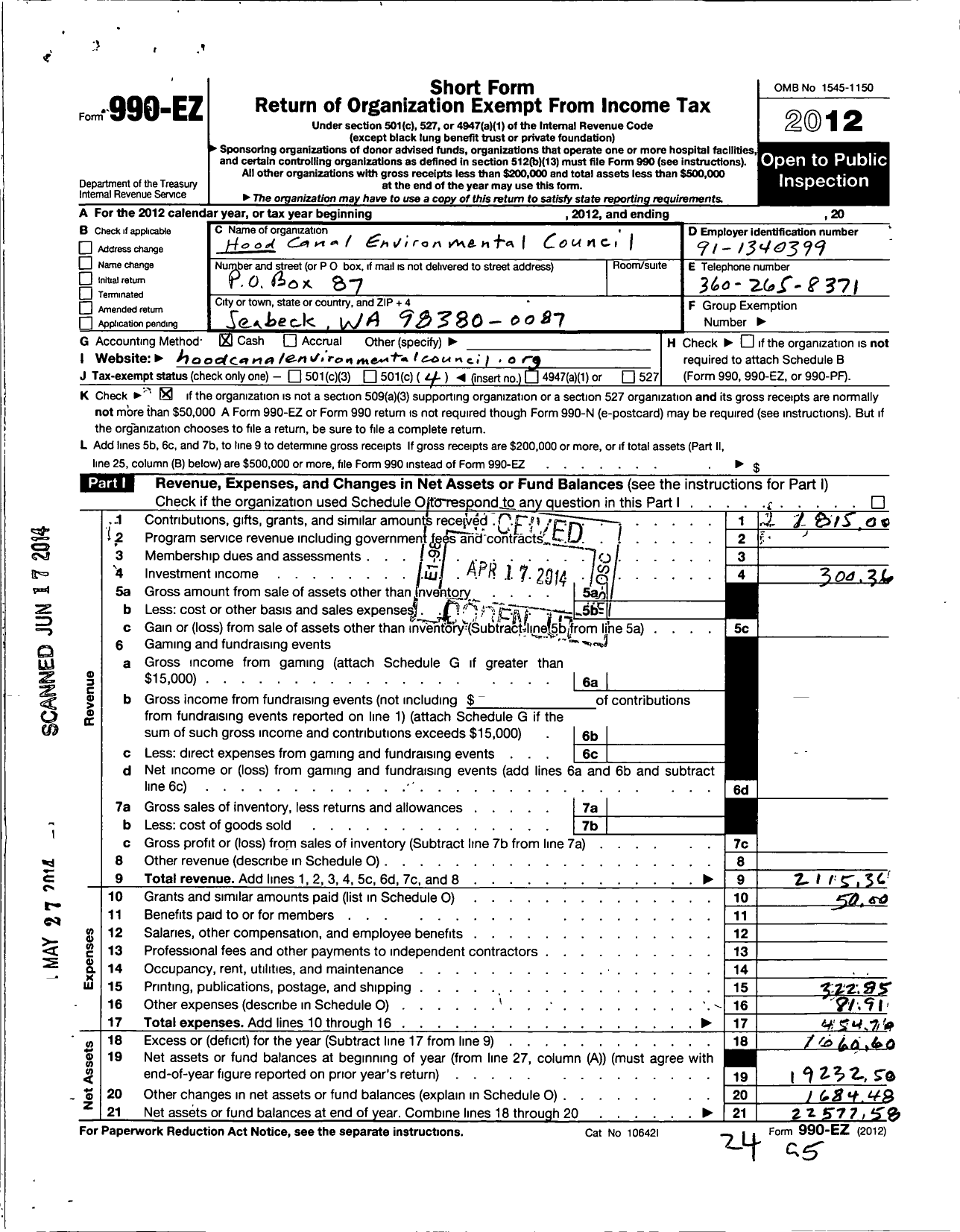 Image of first page of 2012 Form 990EO for Hood Canal Environmental Council