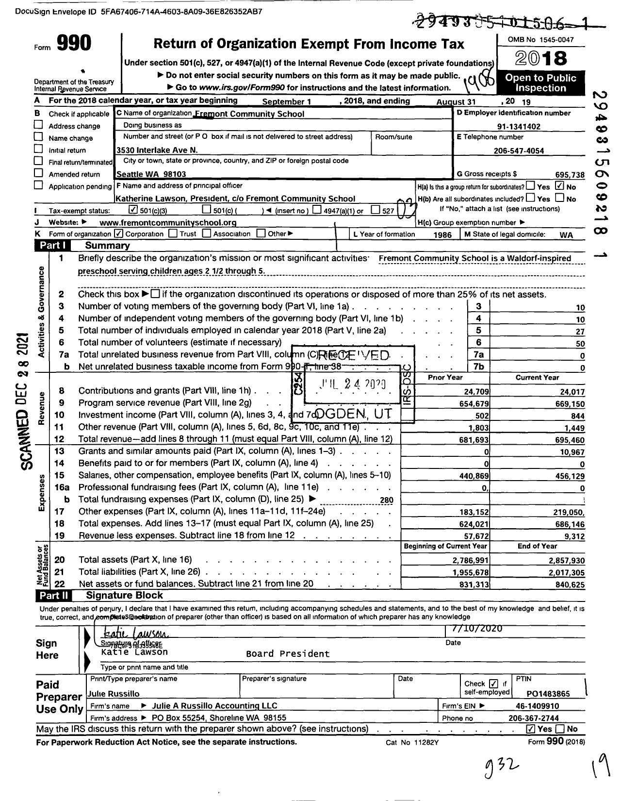 Image of first page of 2018 Form 990 for Fremont Community School