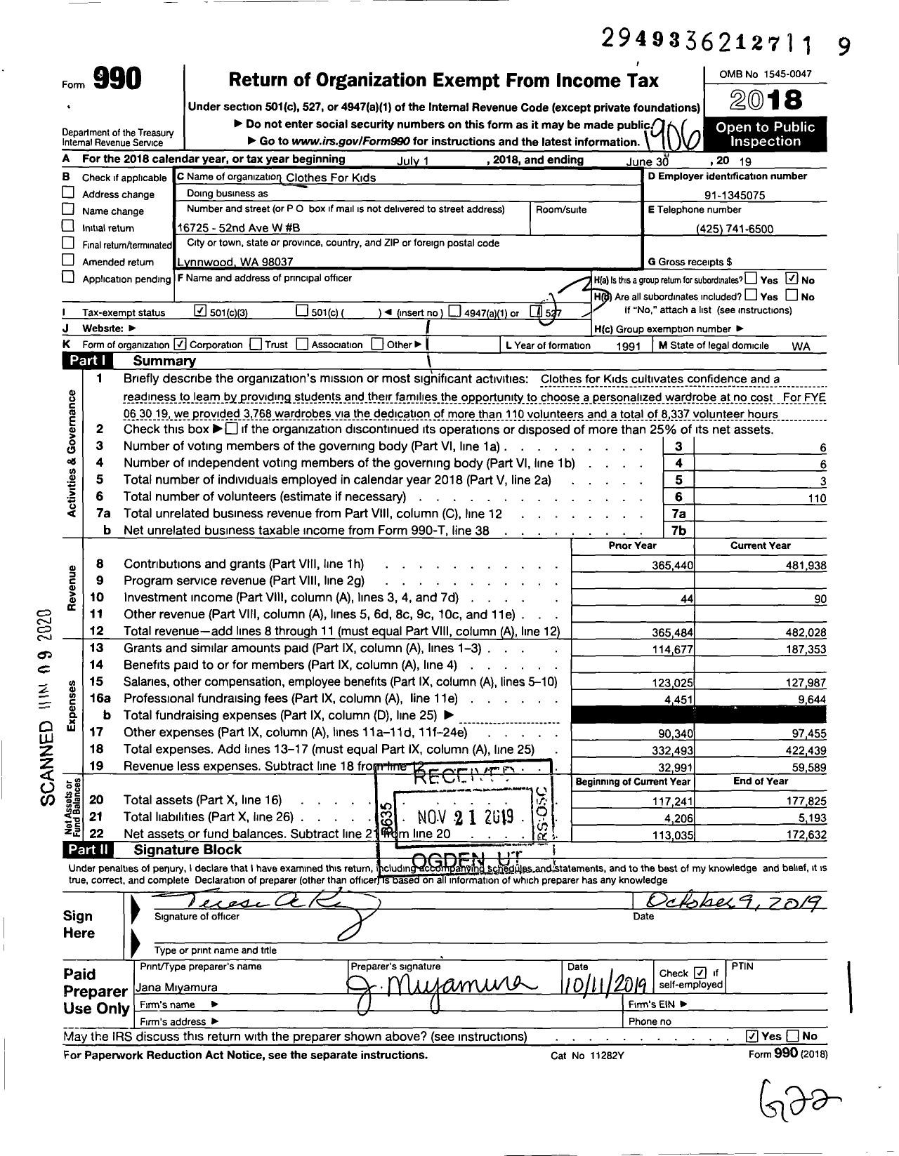 Image of first page of 2018 Form 990 for Clothes for Kids