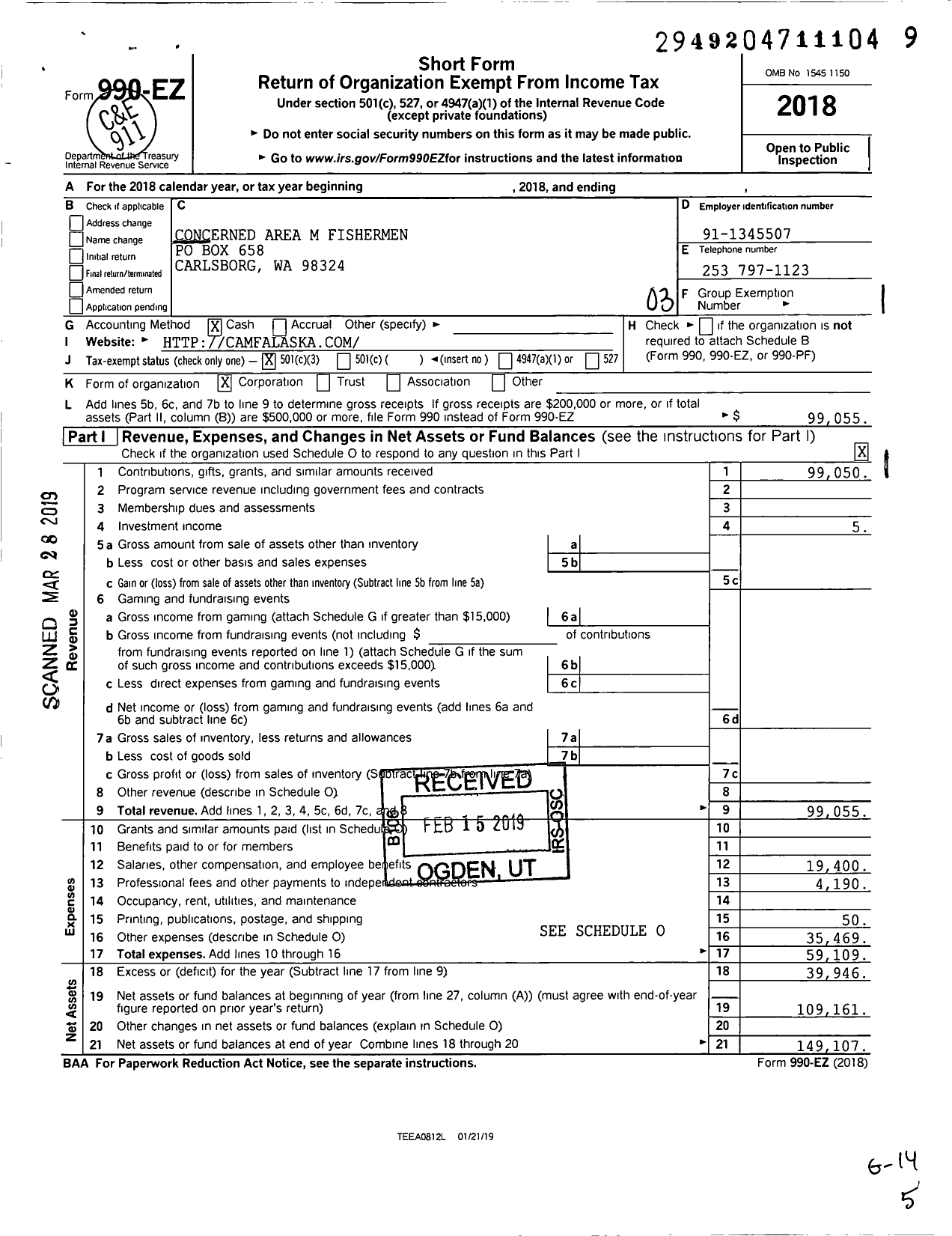 Image of first page of 2018 Form 990EZ for Concerned Area M Fisherman