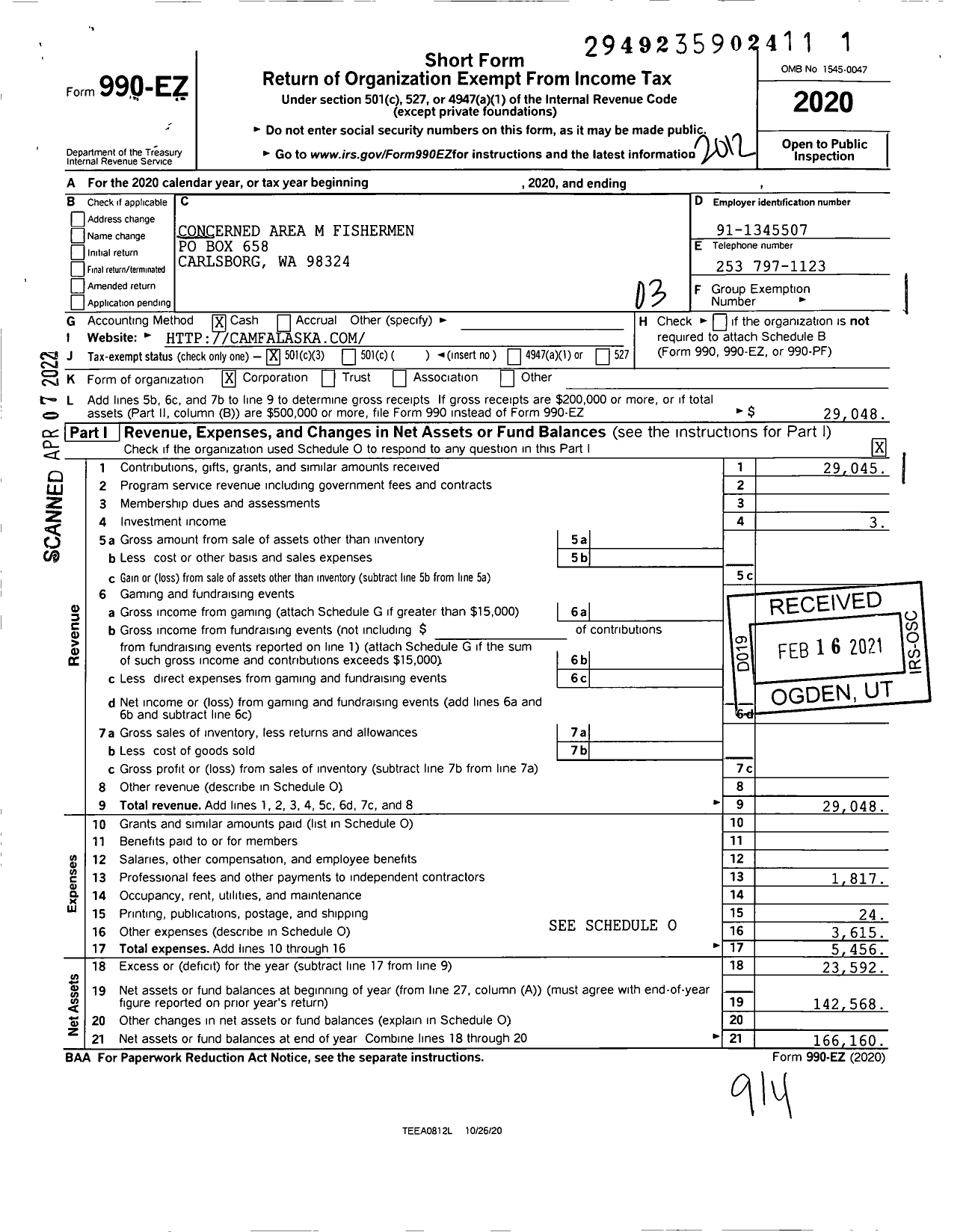 Image of first page of 2020 Form 990EZ for Concerned Area M Fisherman