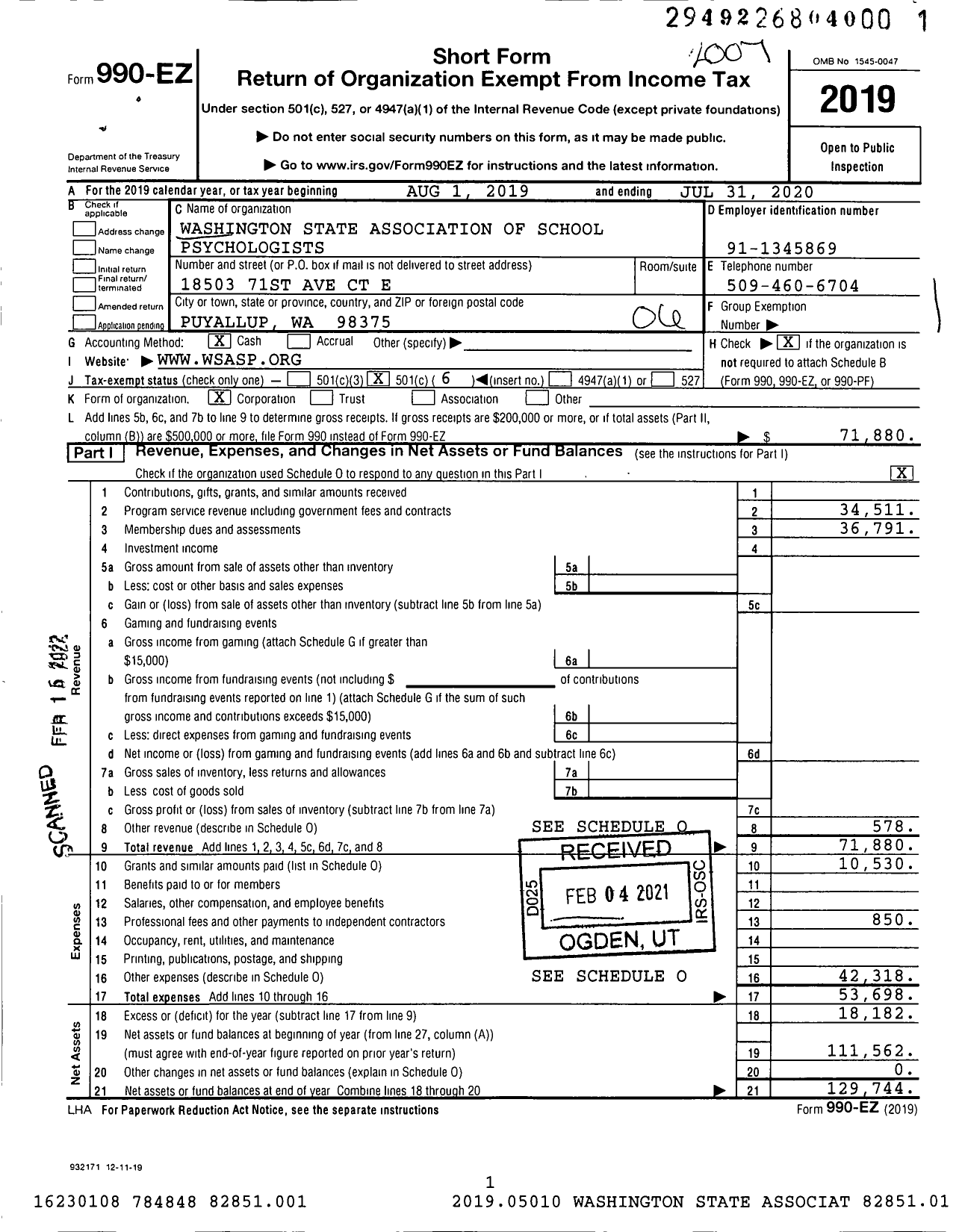 Image of first page of 2019 Form 990EO for Washington State Association Of School Psychologists