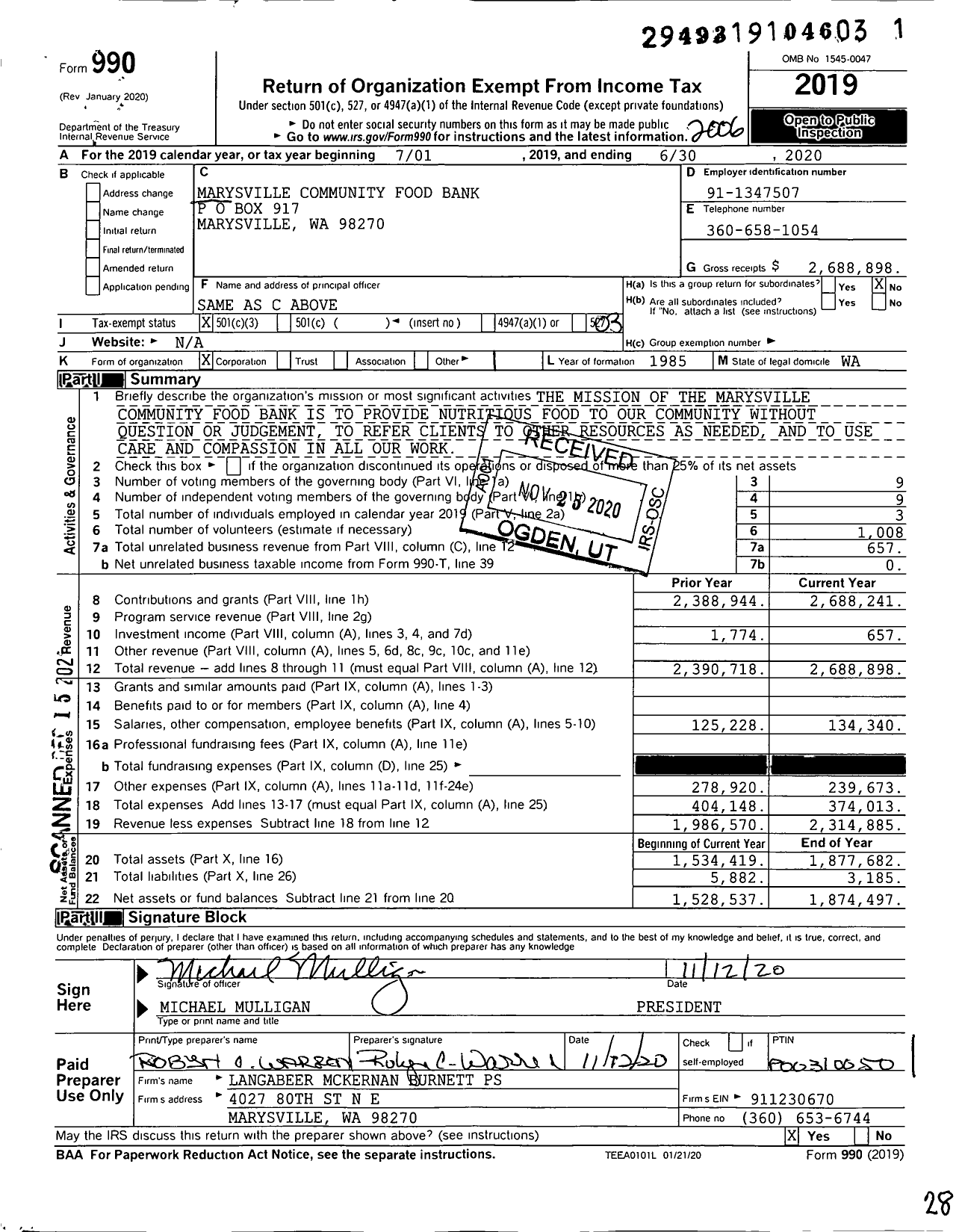 Image of first page of 2019 Form 990 for Marysville Community Food Bank