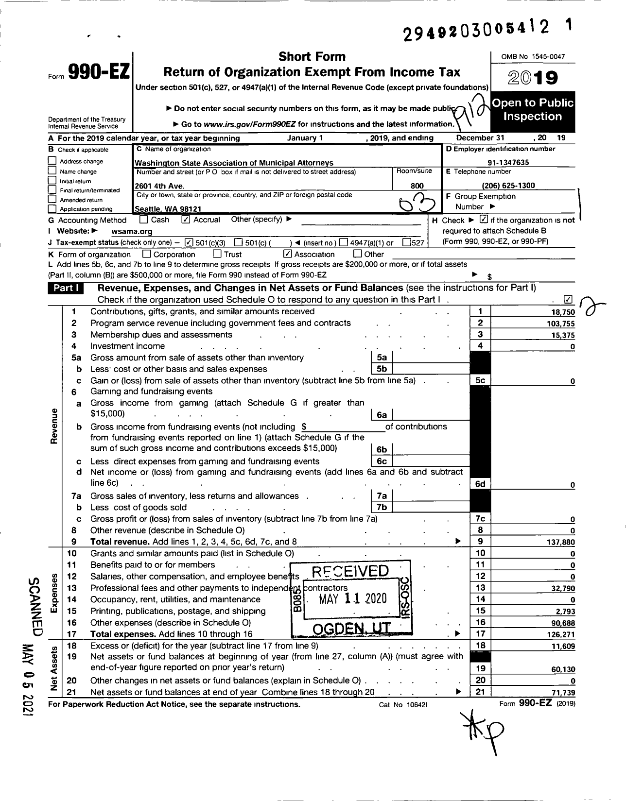 Image of first page of 2019 Form 990EZ for Washington State Association of Municipal Attorneys