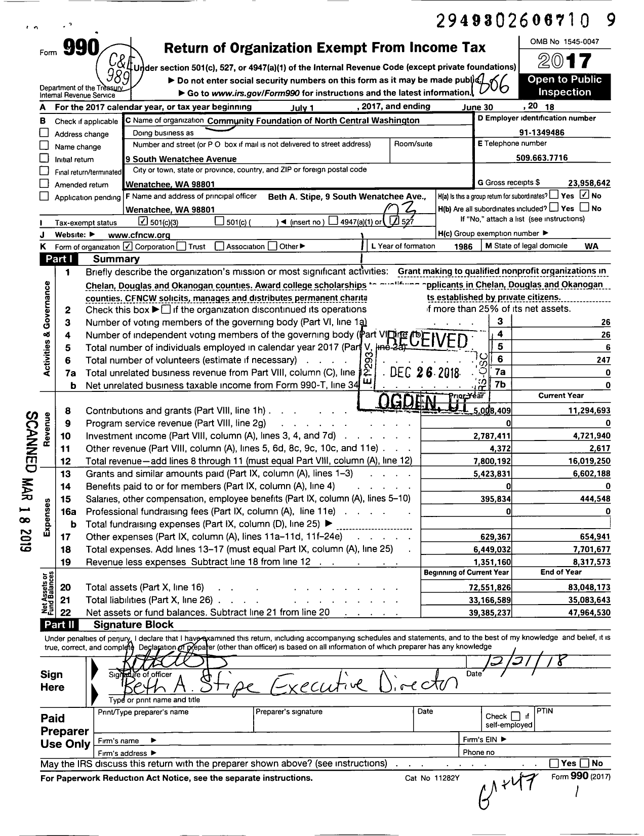 Image of first page of 2017 Form 990 for Community Foundation of NCW