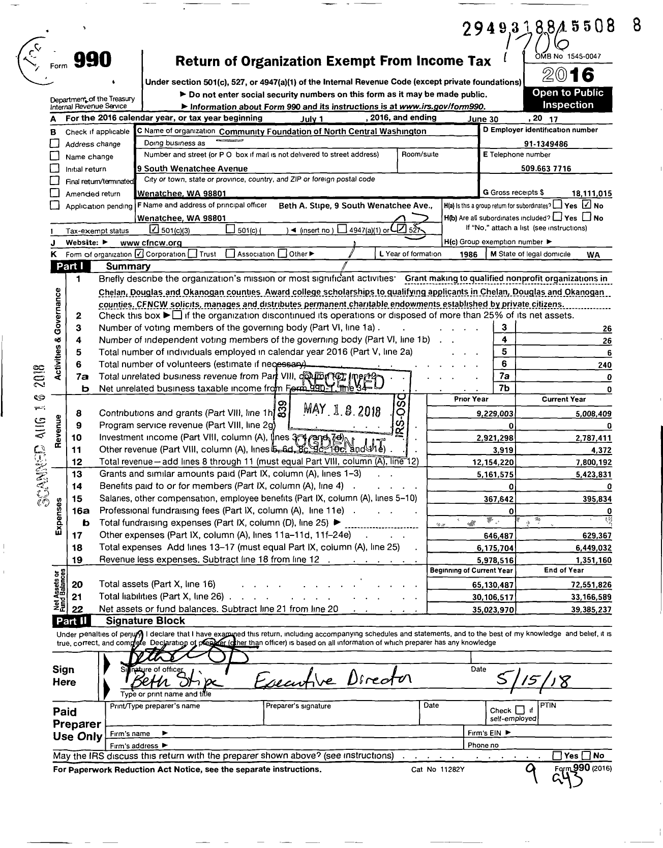 Image of first page of 2016 Form 990 for Community Foundation of North Central Washington
