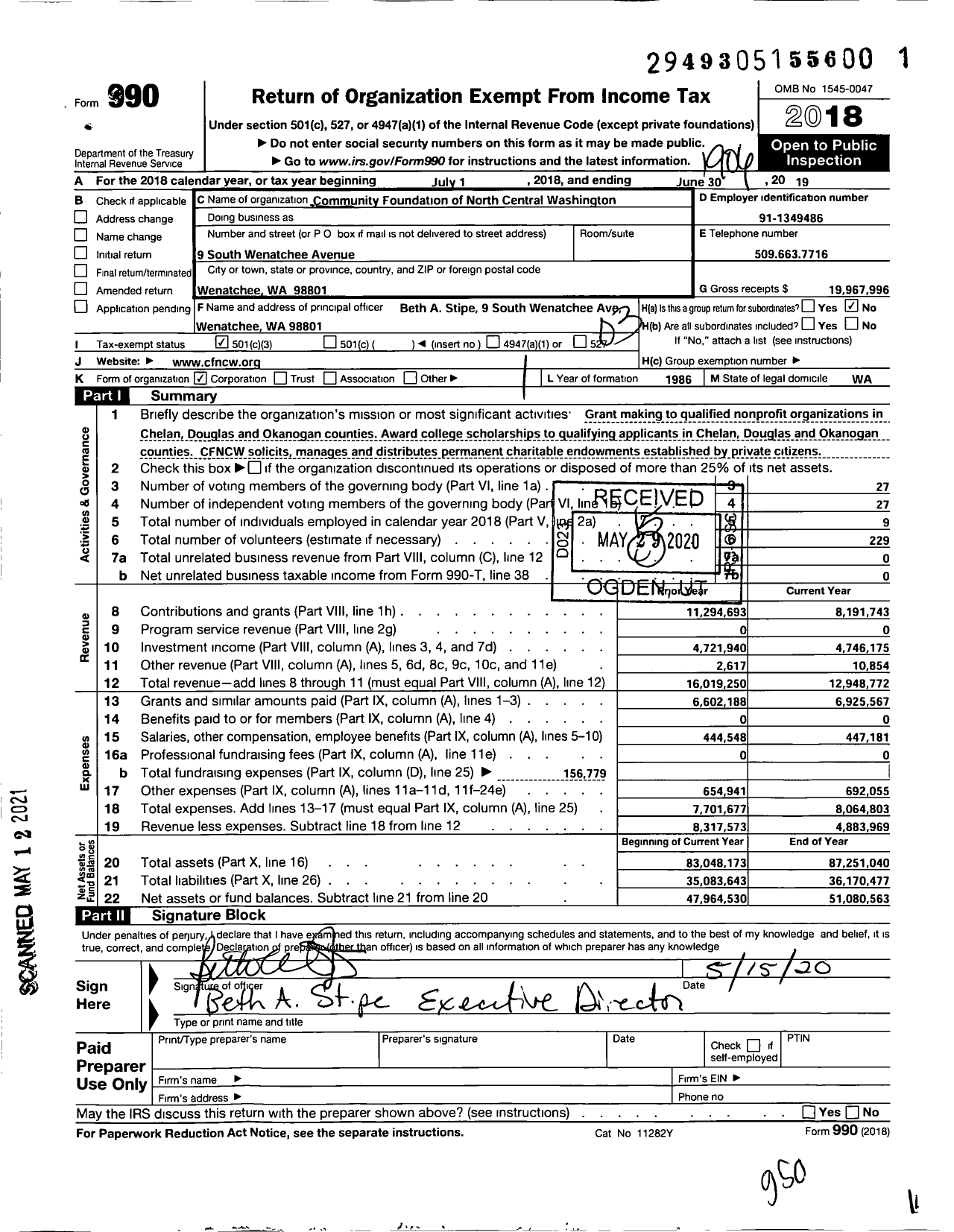 Image of first page of 2018 Form 990 for Community Foundation of NCW