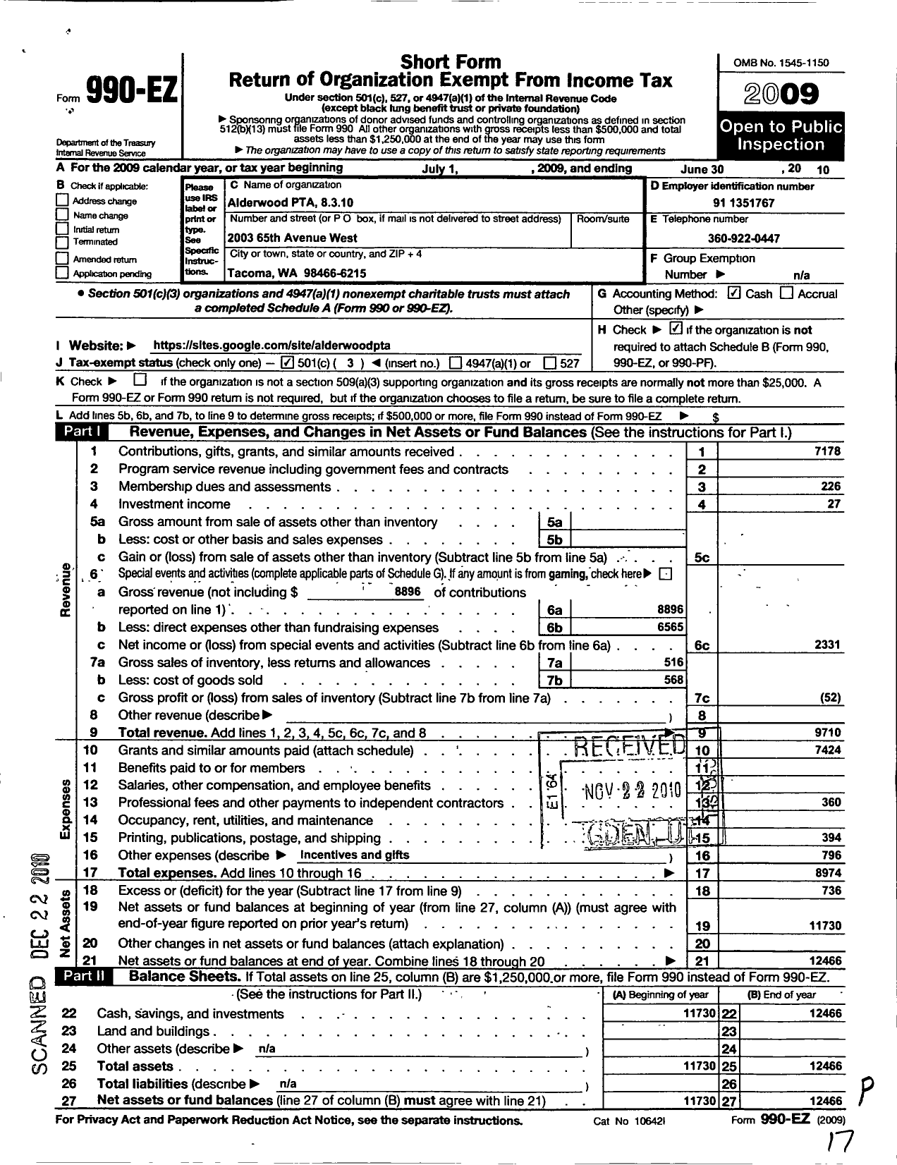 Image of first page of 2009 Form 990EZ for Alderwood Elementary PTA