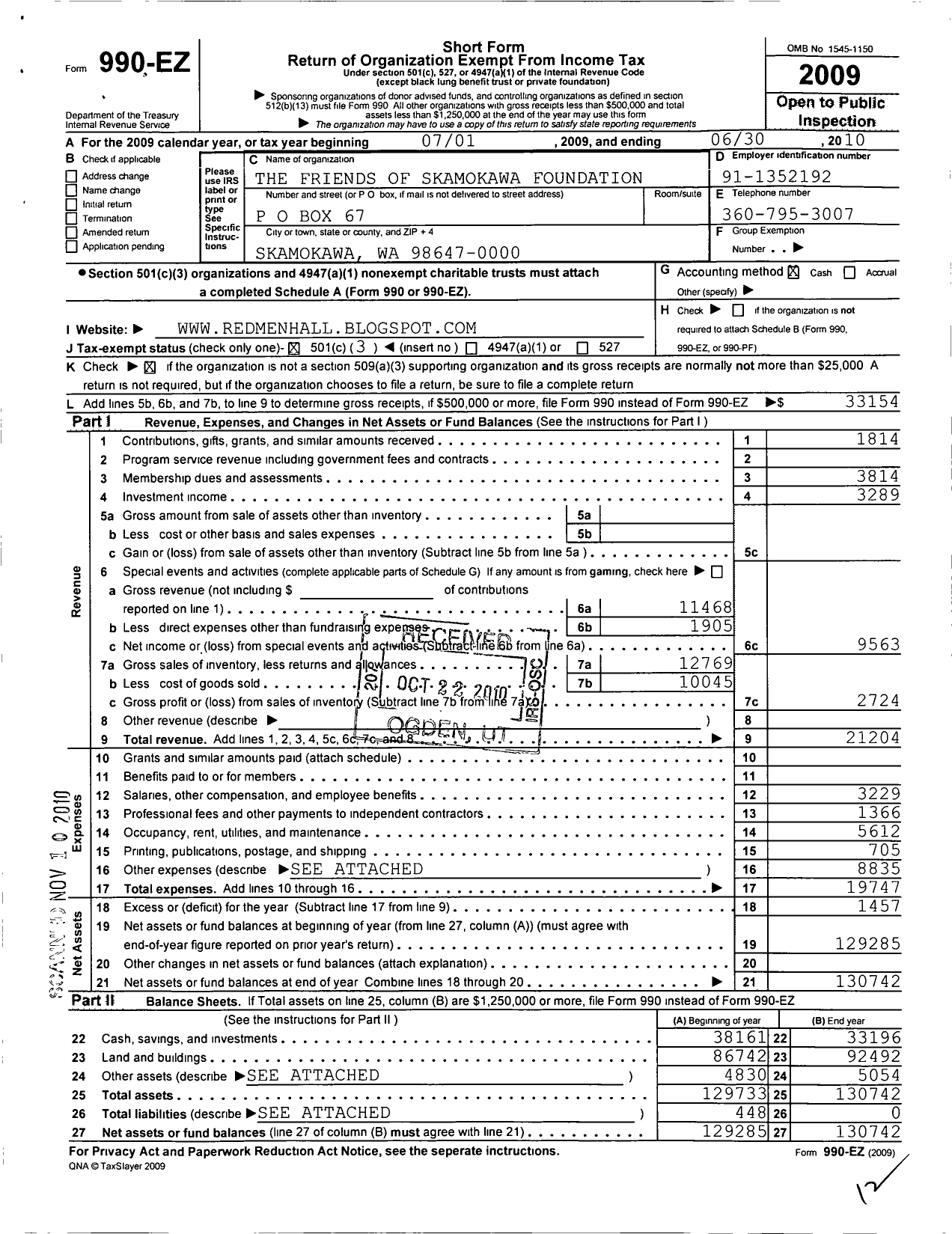 Image of first page of 2009 Form 990EZ for The Friends of Skamokawa Foundation