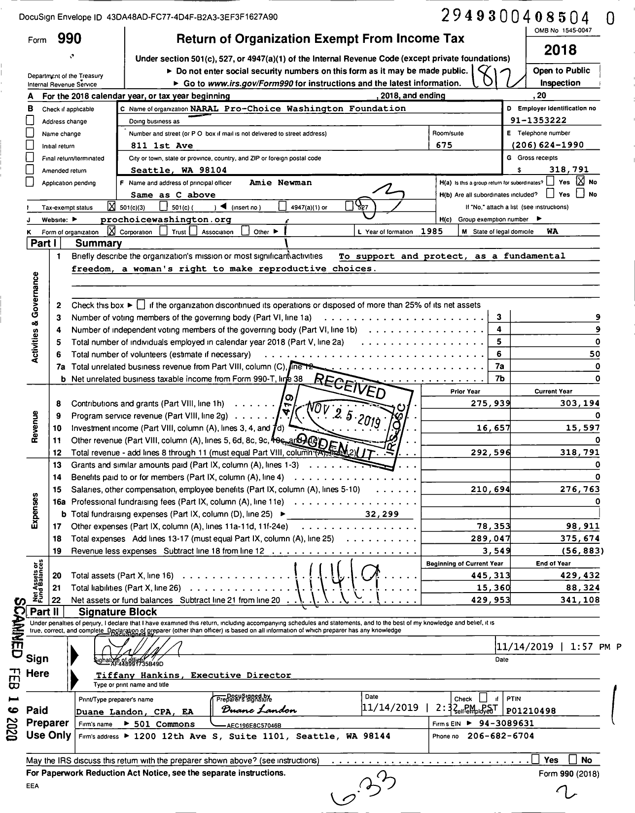 Image of first page of 2018 Form 990 for Pro-Choice Washington Foundation