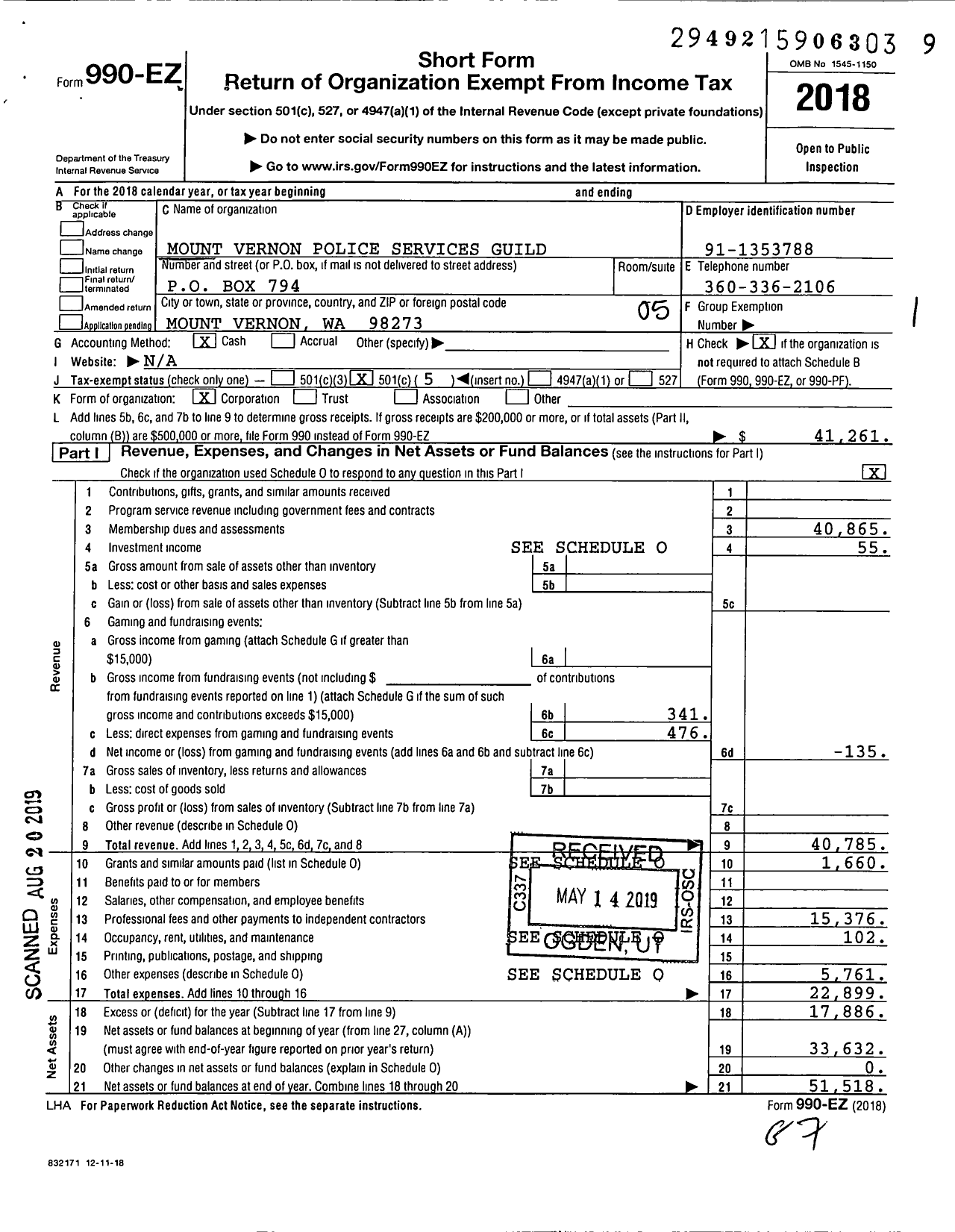 Image of first page of 2018 Form 990EO for MT Vernon Police Services Guild