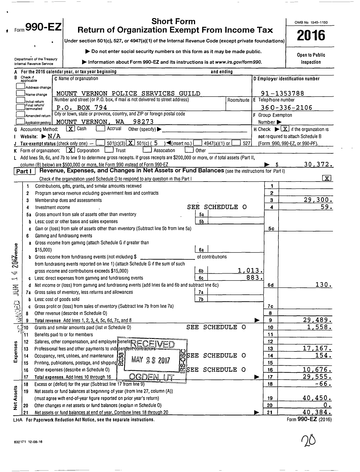 Image of first page of 2016 Form 990EO for MT Vernon Police Services Guild