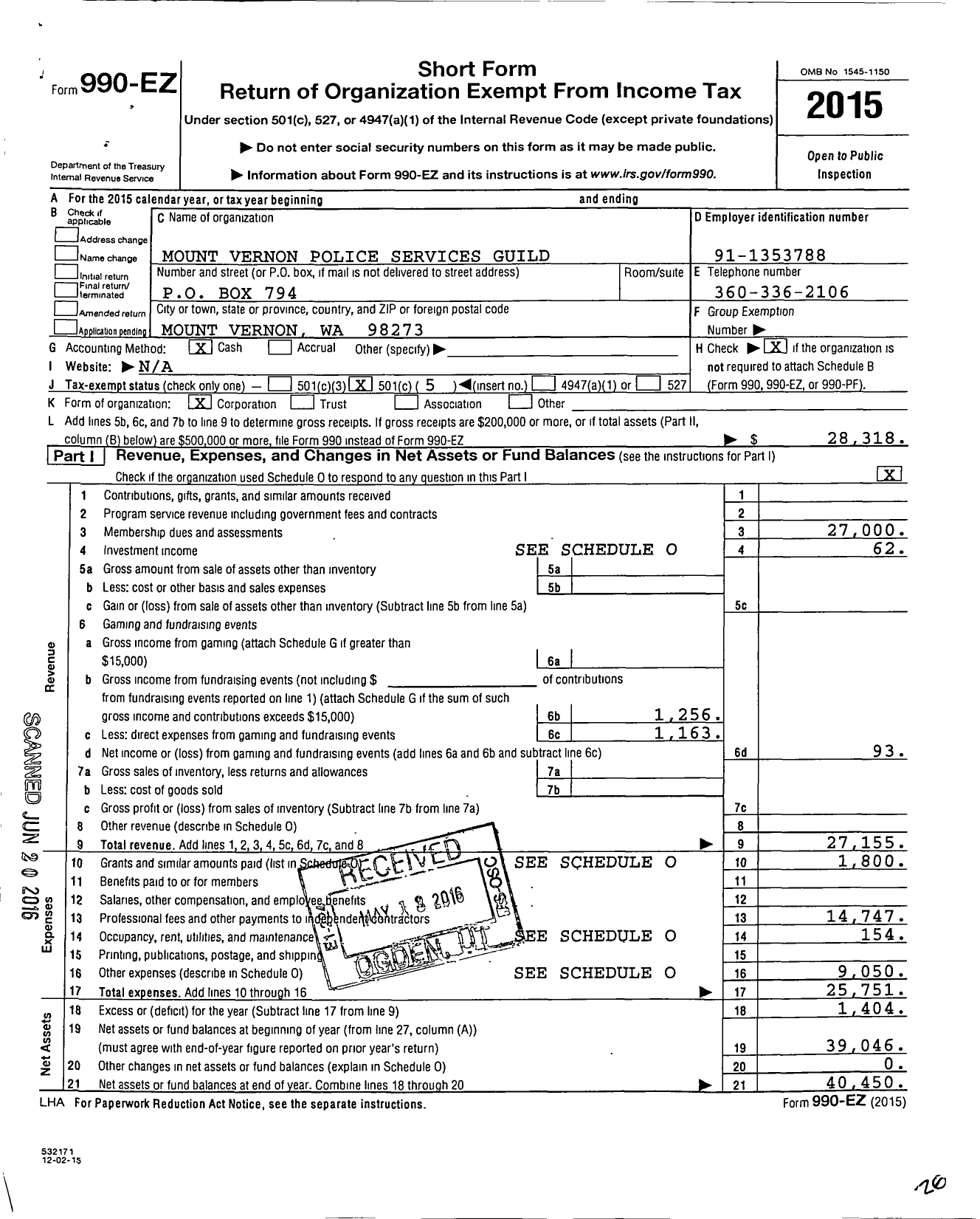 Image of first page of 2015 Form 990EO for MT Vernon Police Services Guild