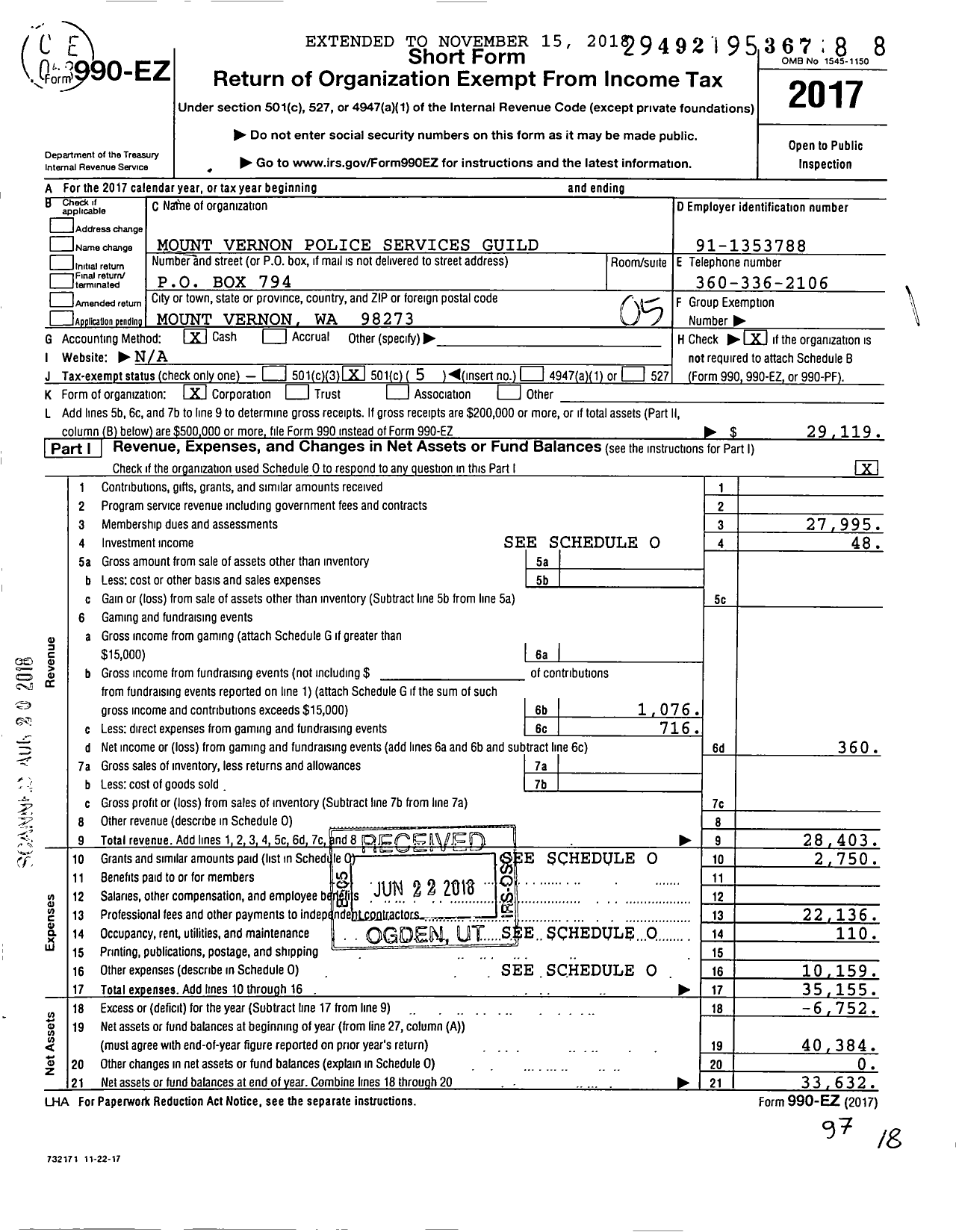 Image of first page of 2017 Form 990EO for MT Vernon Police Services Guild