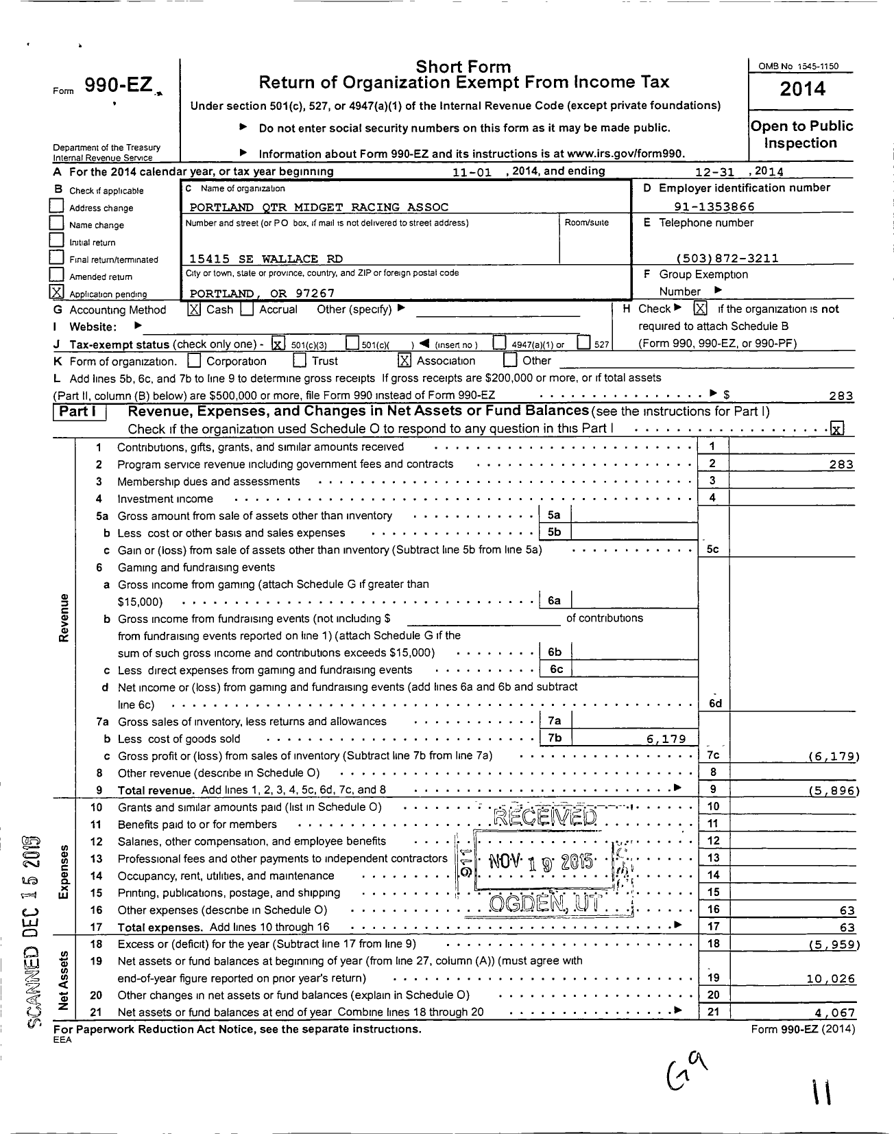 Image of first page of 2014 Form 990EZ for Portland Quarter Midget Racing Association