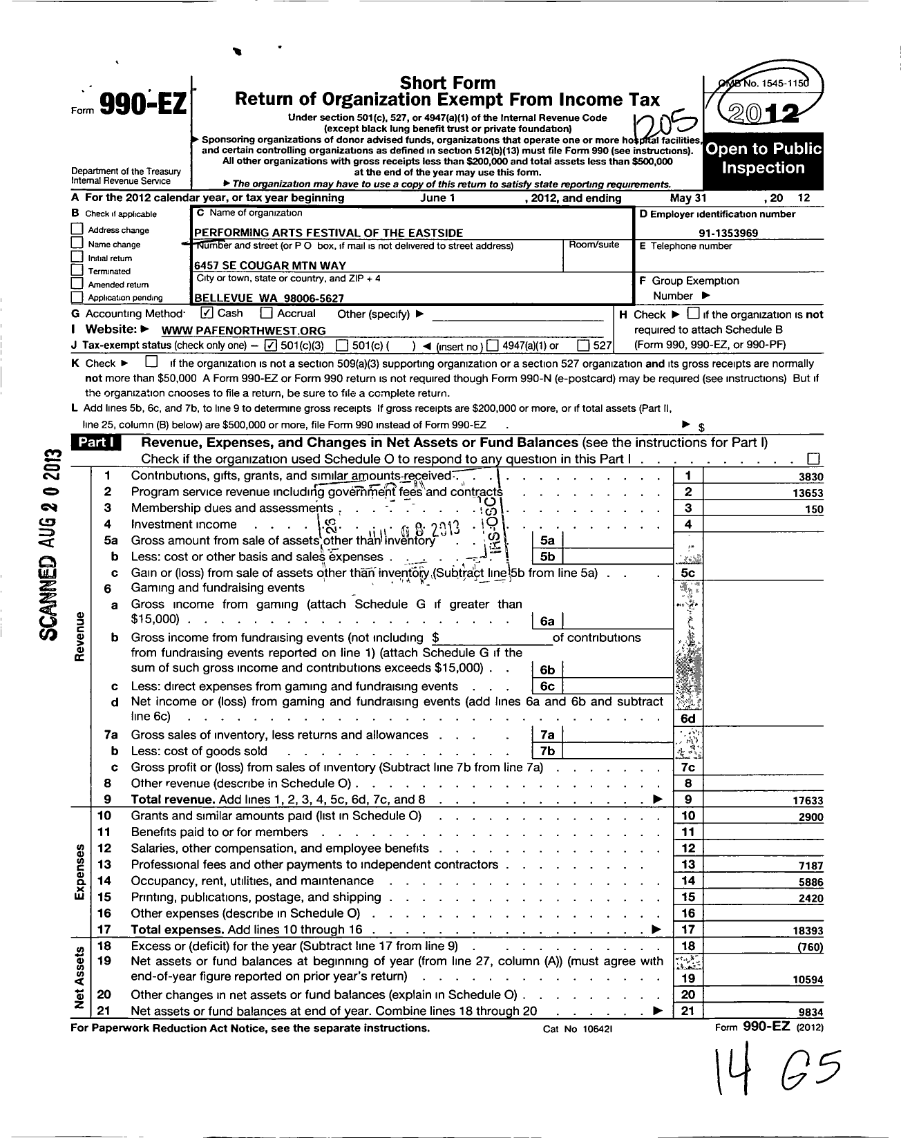 Image of first page of 2011 Form 990EZ for Performing Arts Festival of the Eastside