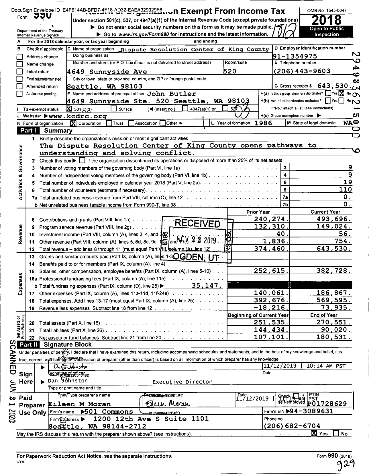 Image of first page of 2018 Form 990 for Dispute Resolution Center of King County