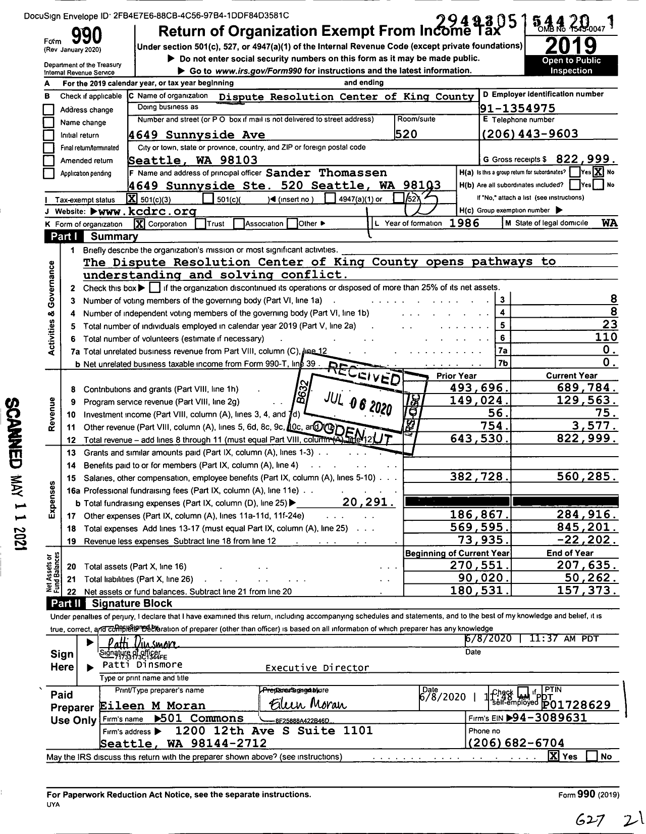 Image of first page of 2019 Form 990 for Dispute Resolution Center of King County