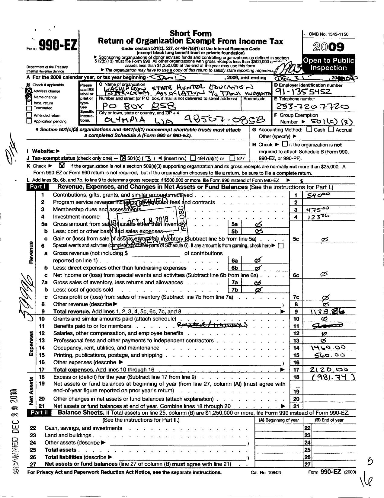 Image of first page of 2008 Form 990EZ for Washington State Hunter Education Instructors Association