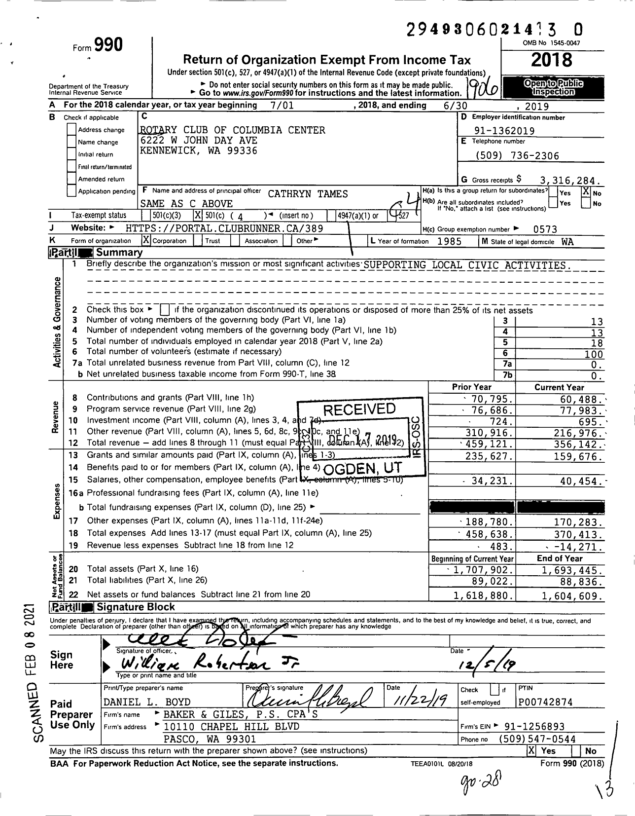 Image of first page of 2018 Form 990O for Rotary International - Columbia Center Kennewick