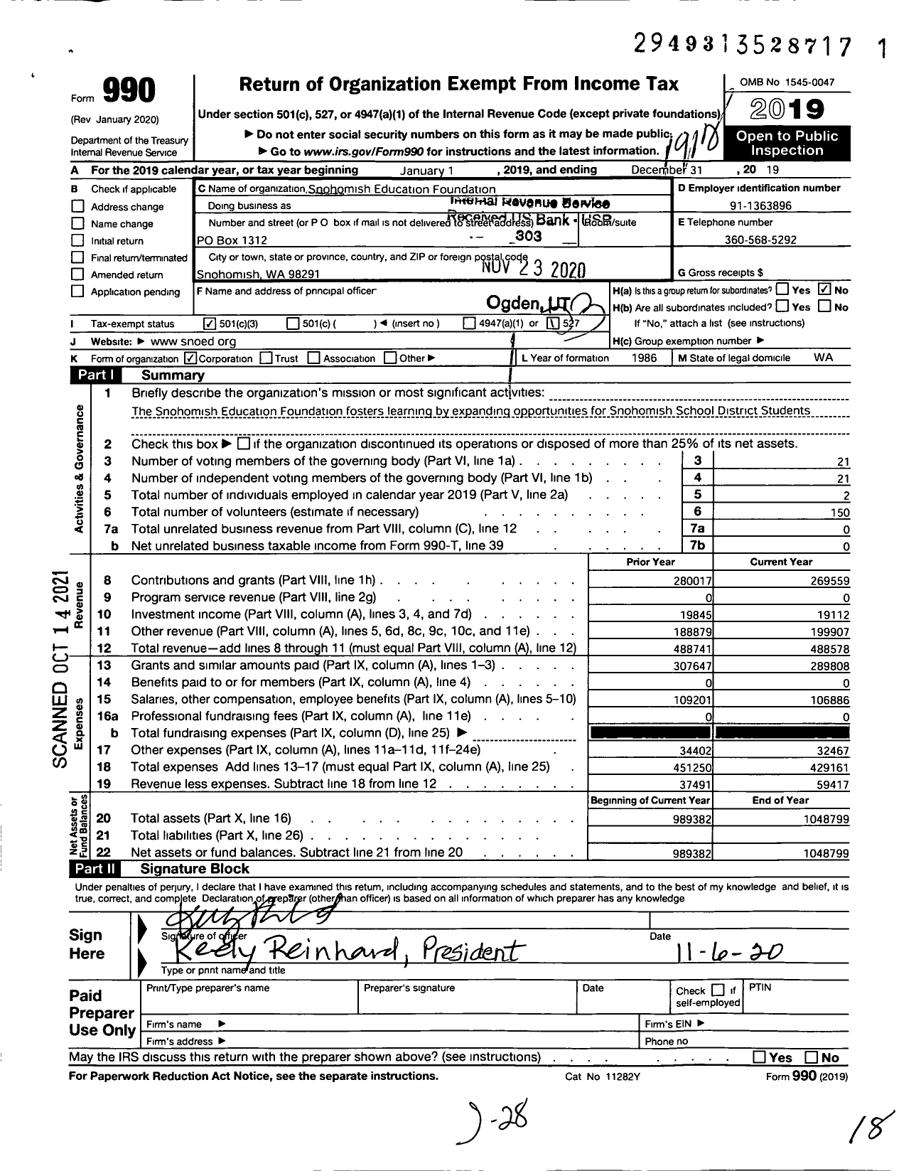 Image of first page of 2019 Form 990 for Snohomish Education Foundation