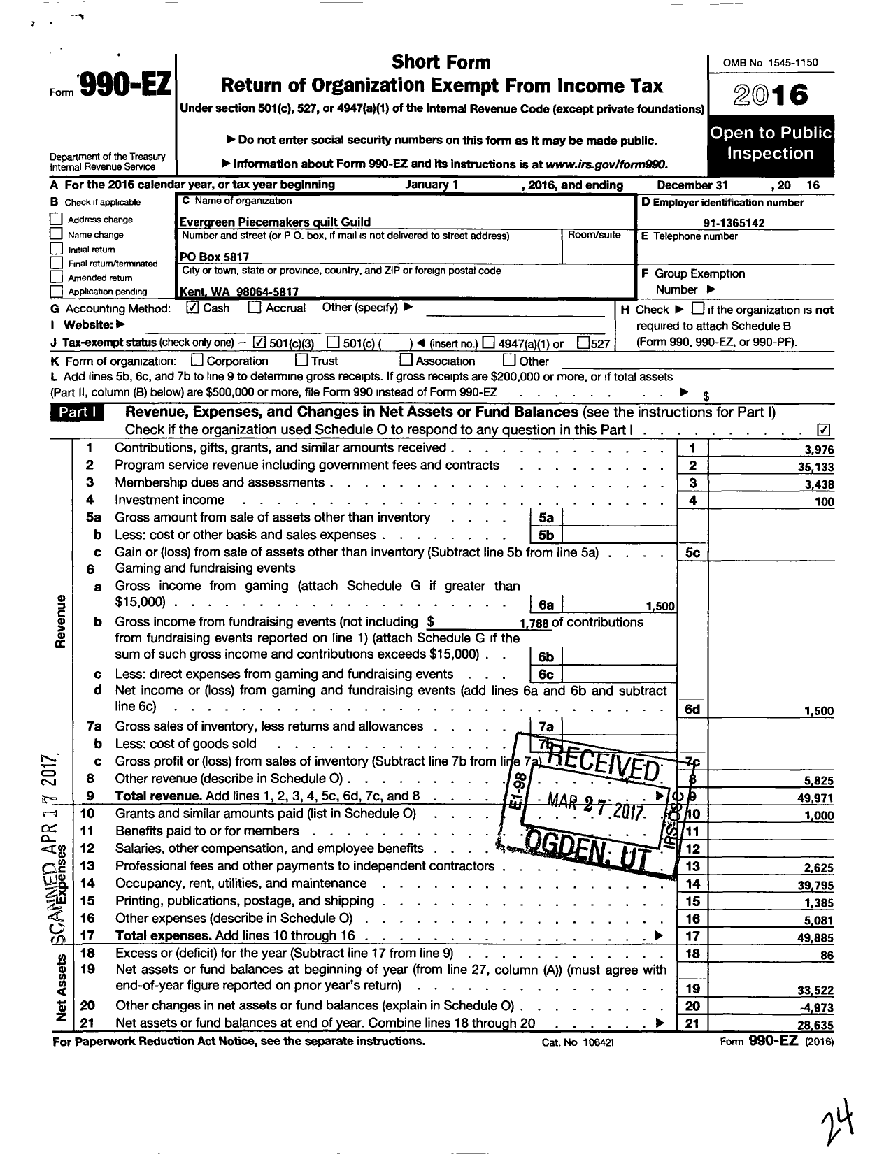 Image of first page of 2016 Form 990EZ for Evergreen Piecemakers Quilt Guild