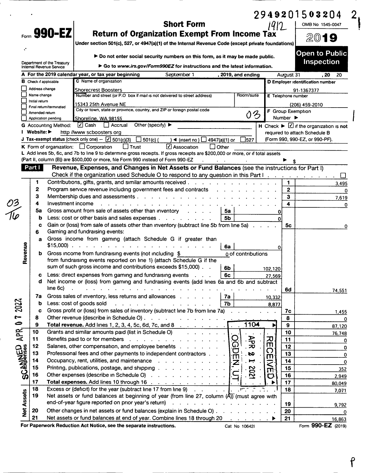 Image of first page of 2019 Form 990EZ for Shorecrest Boosters