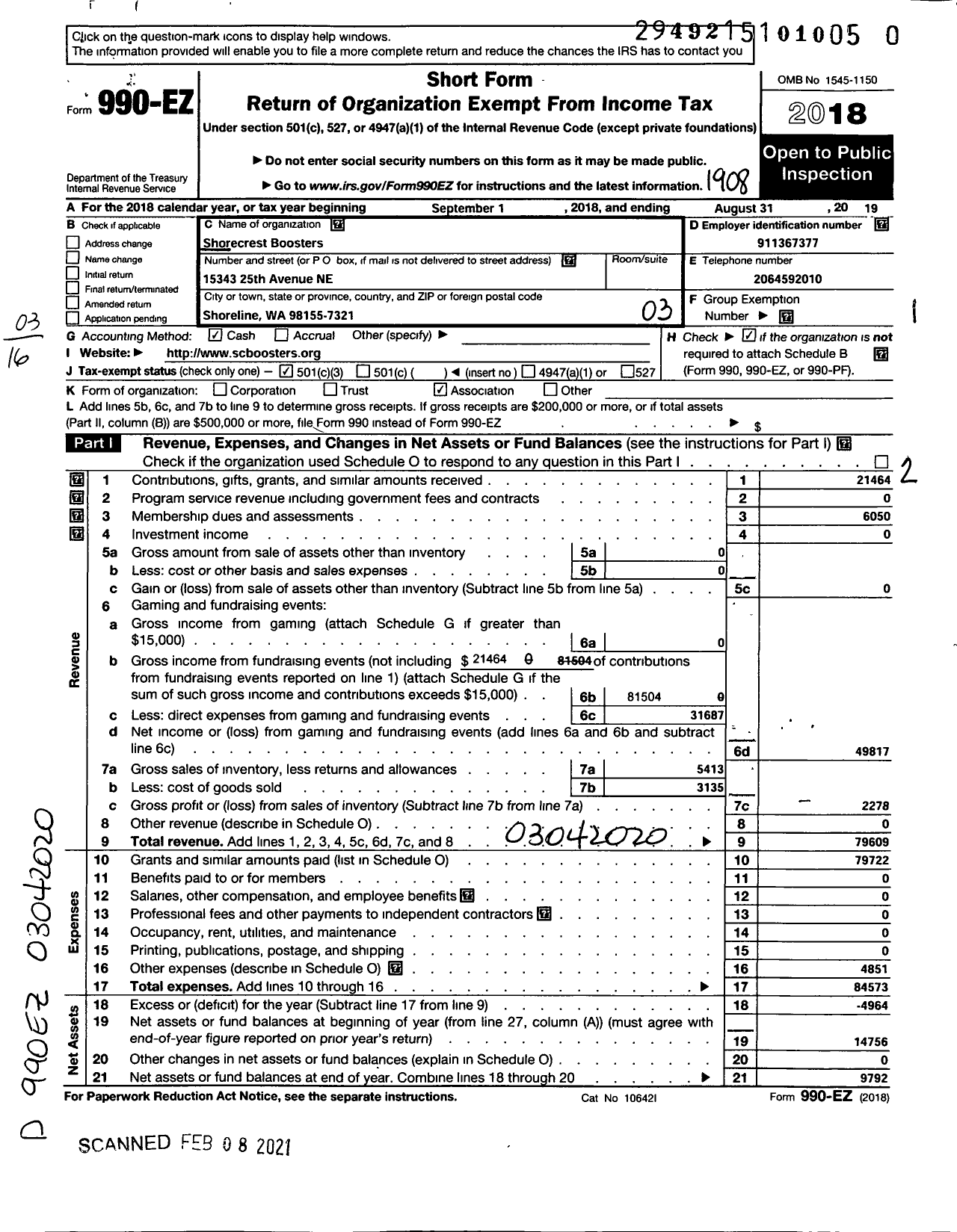 Image of first page of 2018 Form 990EZ for Shorecrest Boosters