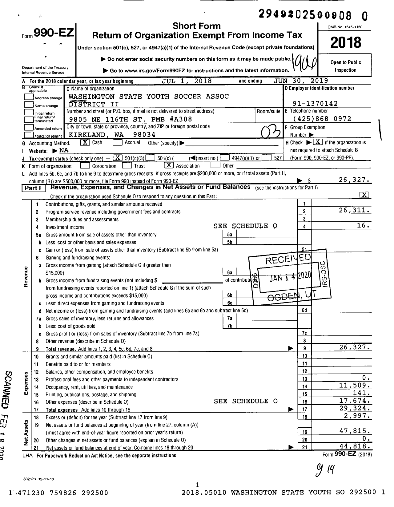 Image of first page of 2018 Form 990EZ for Wsysa District Ii Soccer