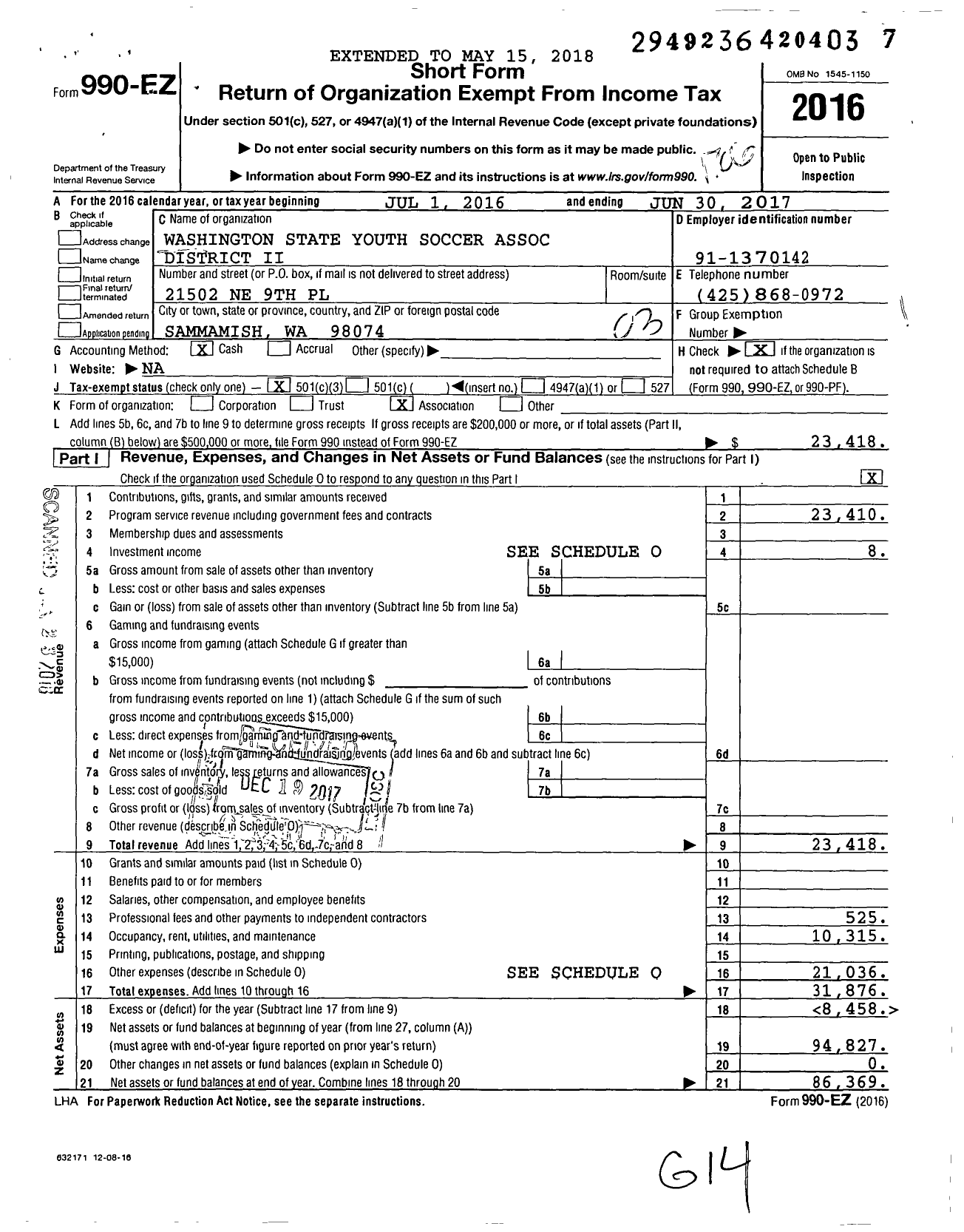 Image of first page of 2016 Form 990EZ for Wsysa District Ii Soccer