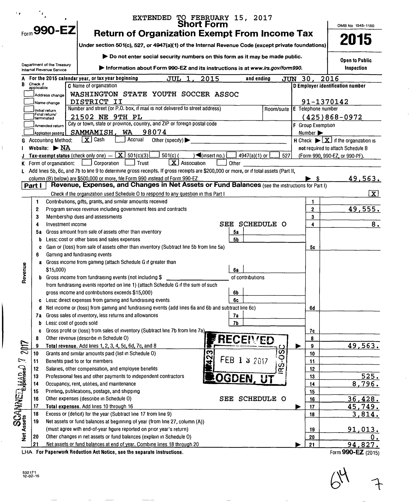 Image of first page of 2015 Form 990EZ for Wsysa District Ii Soccer