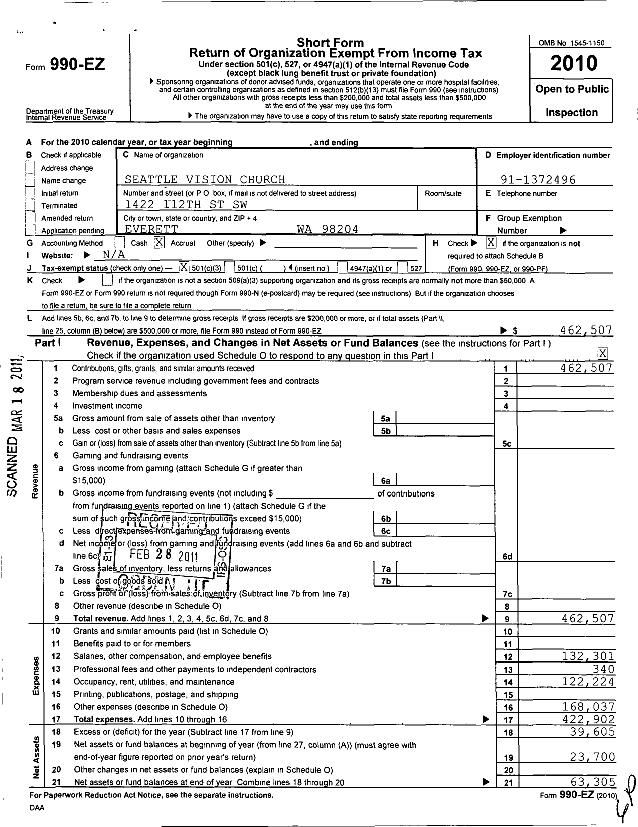 Image of first page of 2010 Form 990EZ for Seattle Vision Church