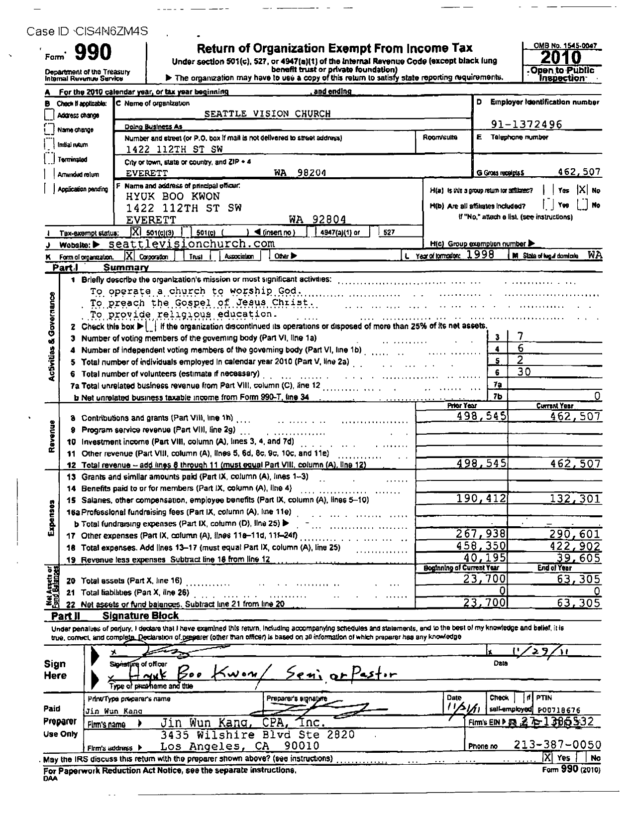 Image of first page of 2010 Form 990R for Seattle Vision Church