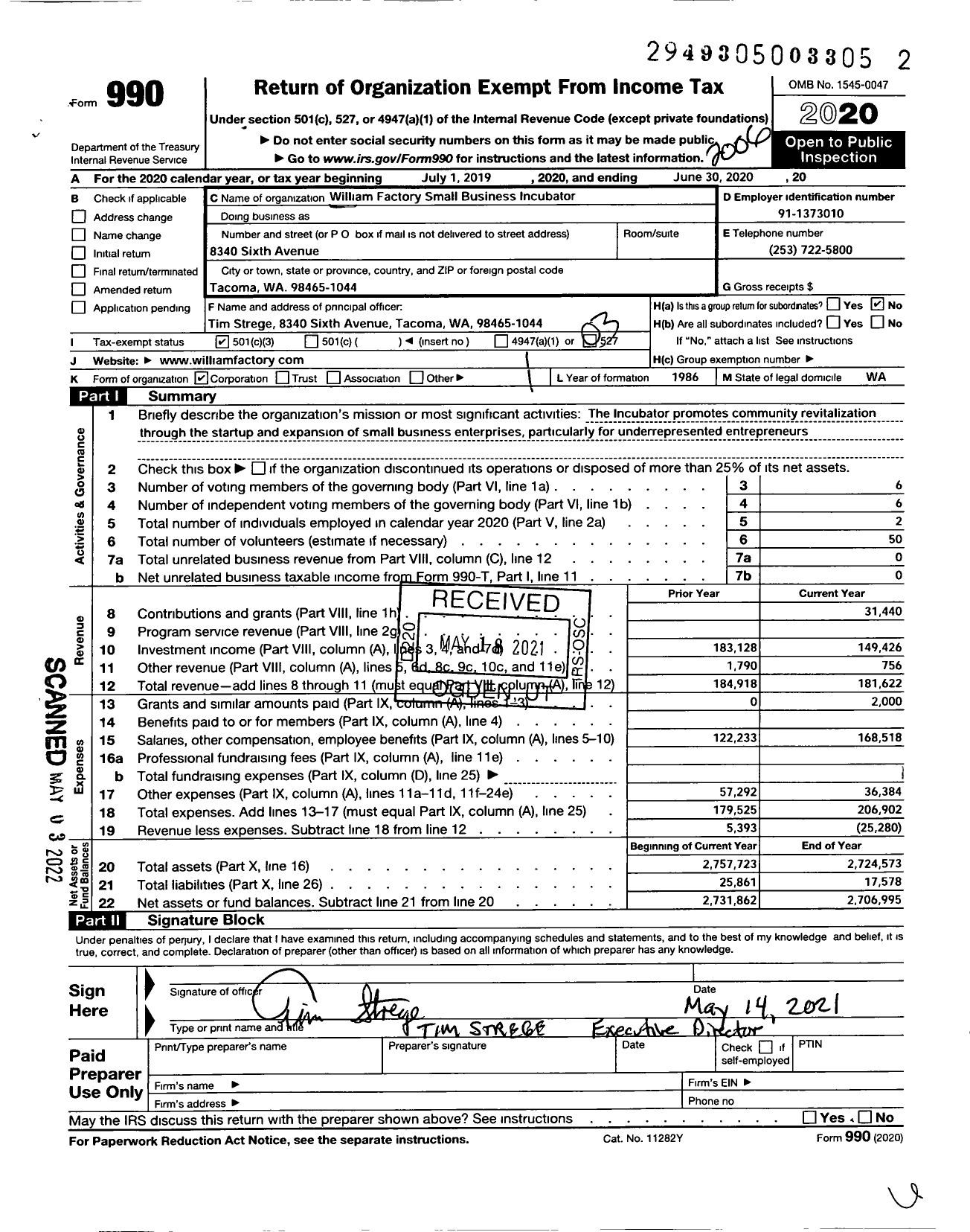 Image of first page of 2019 Form 990 for William M Factory Small Business Incubator