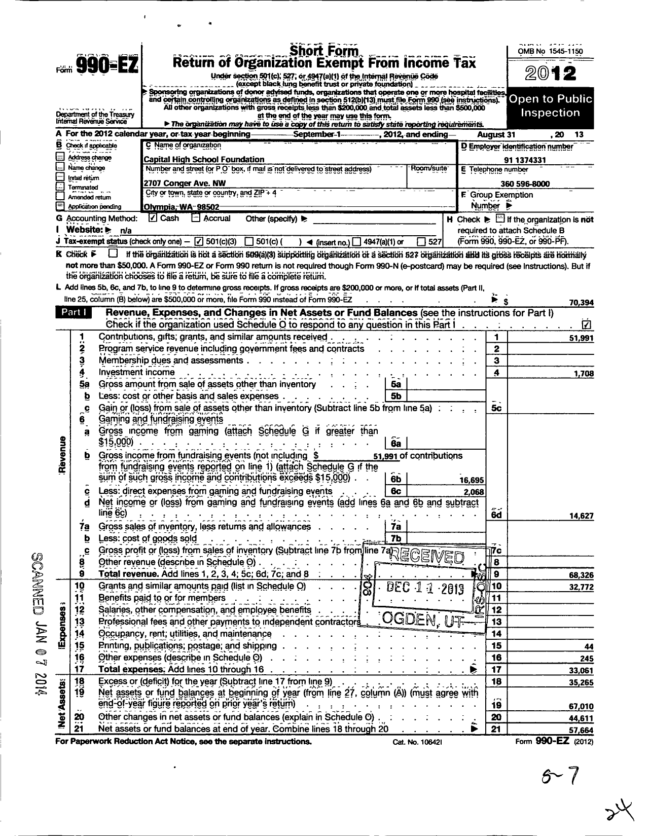 Image of first page of 2012 Form 990EZ for Capital High School Foundation