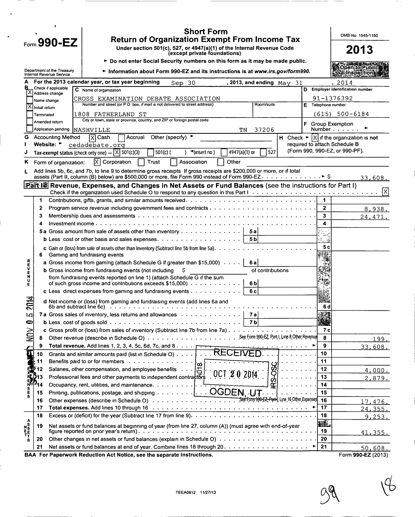 Image of first page of 2013 Form 990EZ for Cross Examination Debate Associatio Patrice