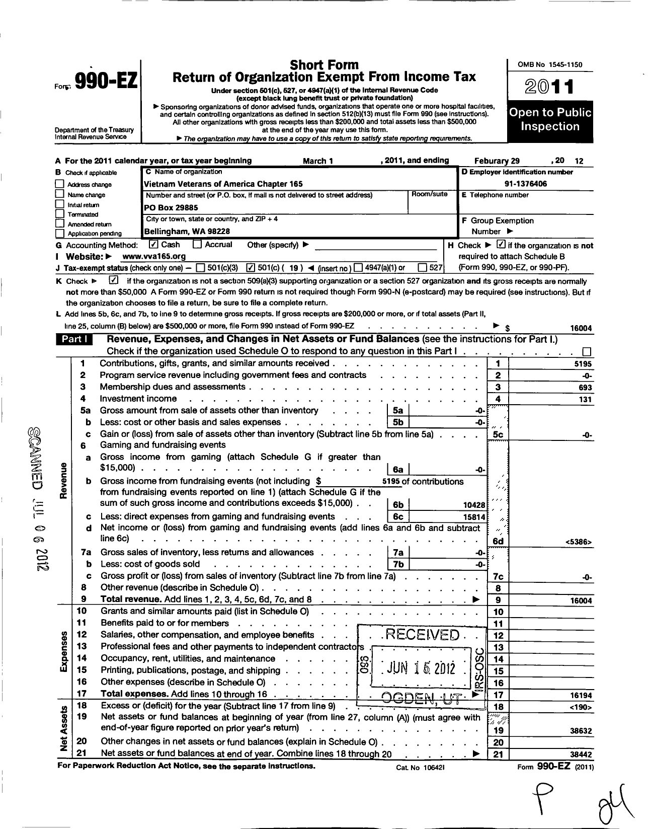 Image of first page of 2011 Form 990EO for Vietnam Veterans of America - 165 Chapter