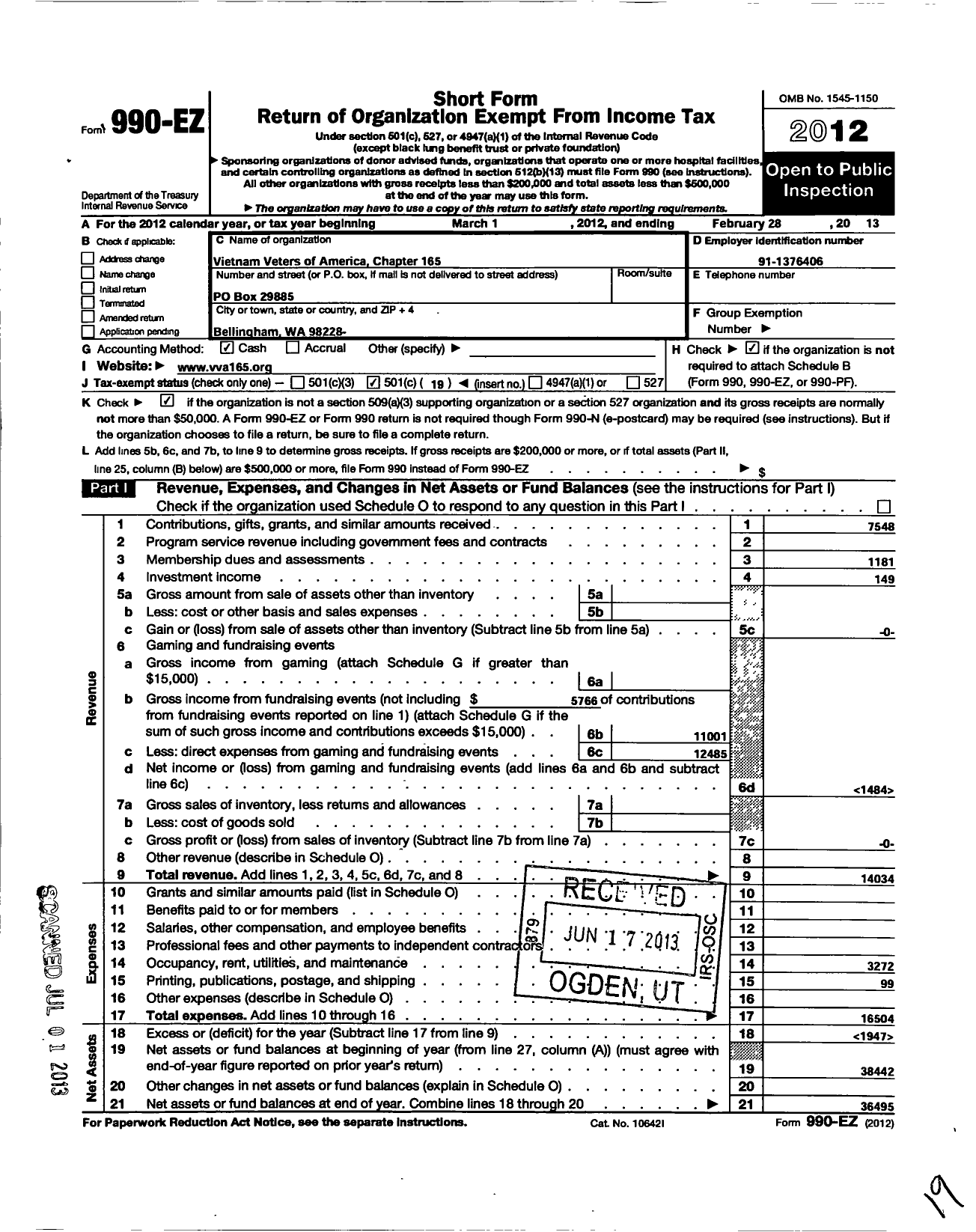 Image of first page of 2012 Form 990EO for Vietnam Veterans of America - 165 Chapter