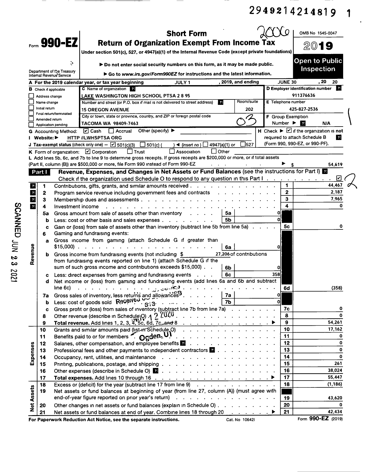 Image of first page of 2019 Form 990EZ for Lake Washington HS PTSA