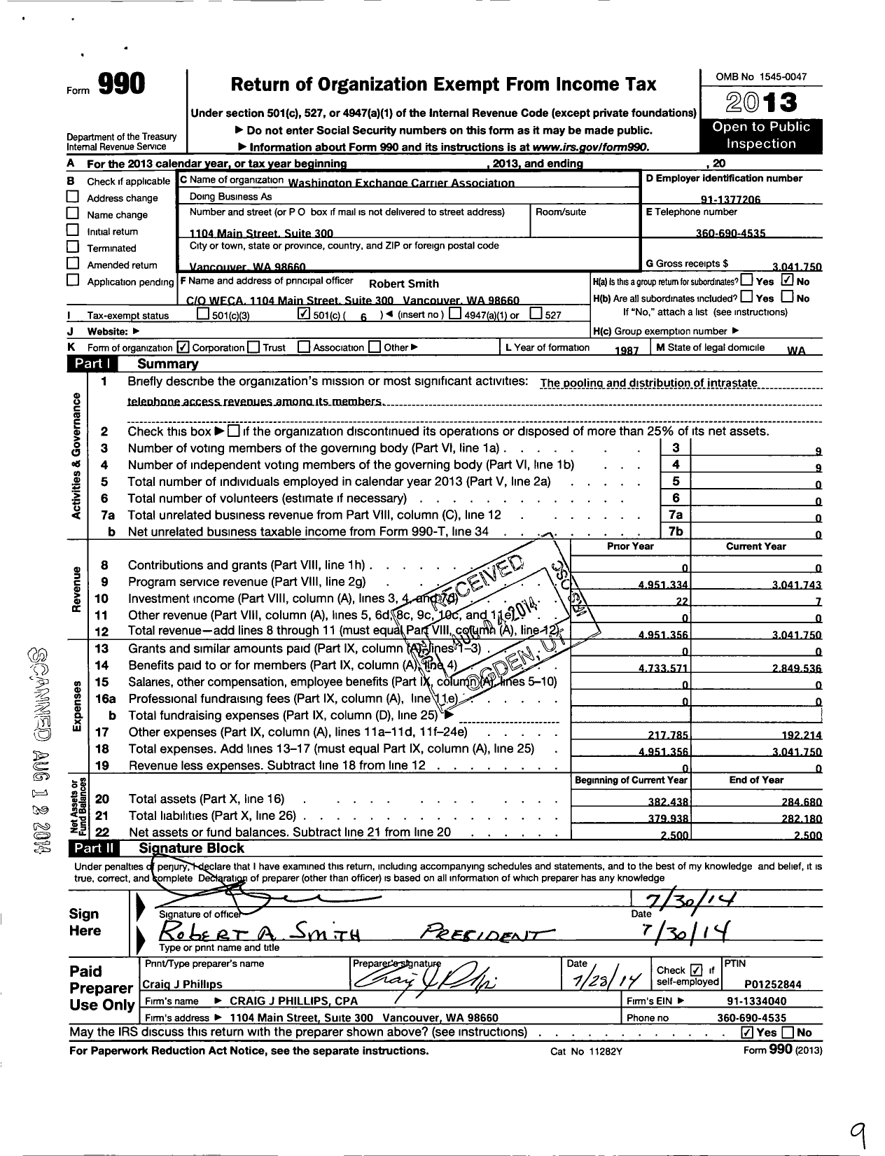 Image of first page of 2013 Form 990O for Washington Exchange Carrier Association