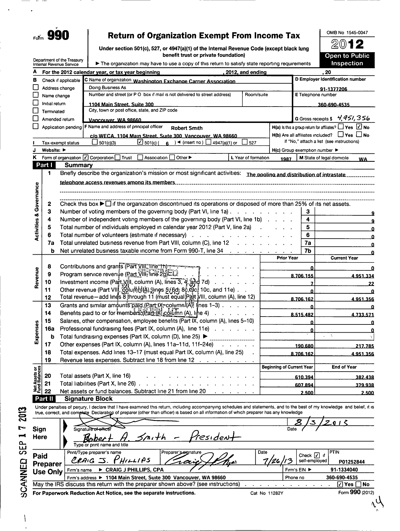Image of first page of 2012 Form 990O for Washington Exchange Carrier Association