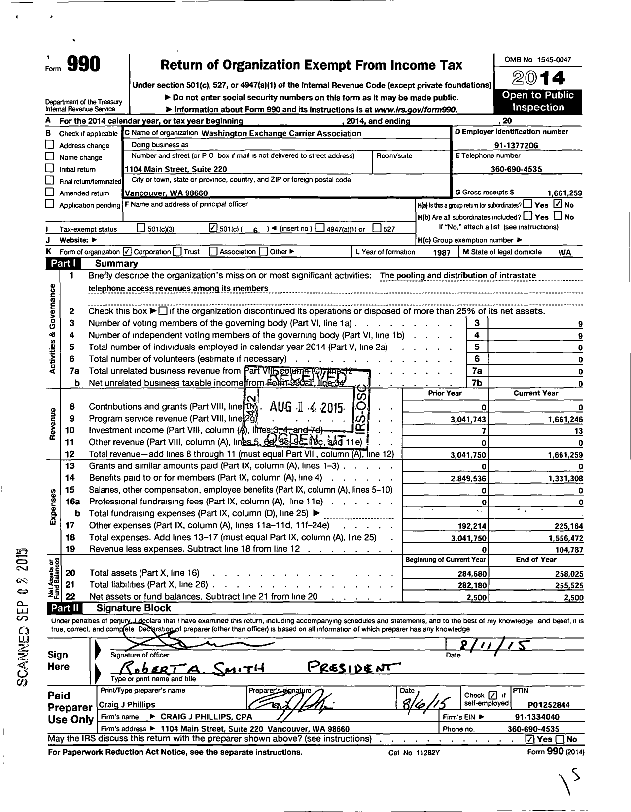Image of first page of 2014 Form 990O for Washington Exchange Carrier Association