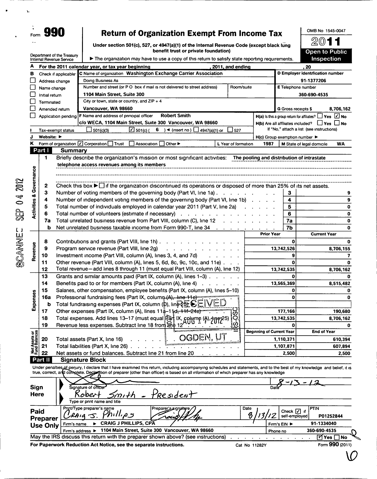 Image of first page of 2011 Form 990O for Washington Exchange Carrier Association
