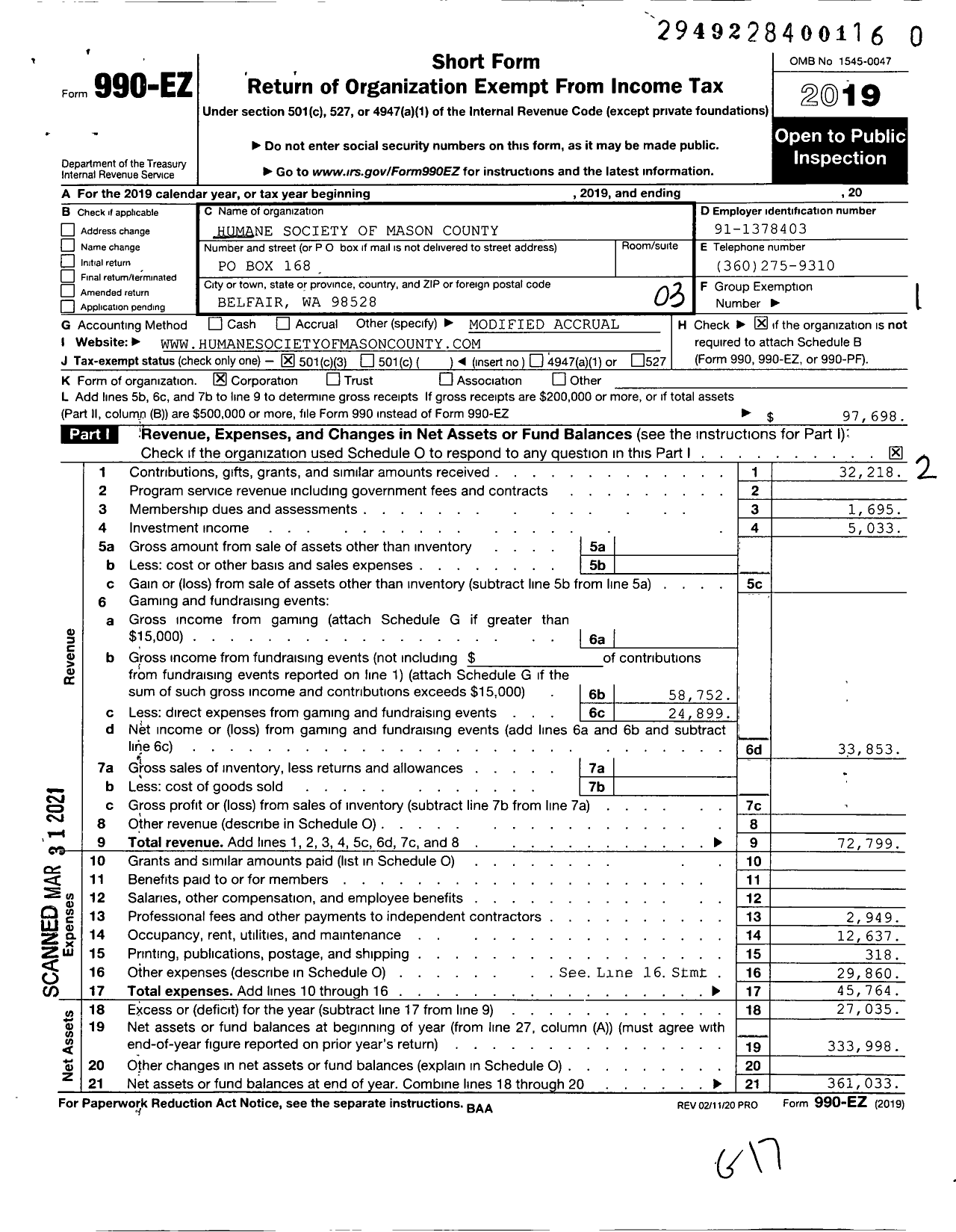 Image of first page of 2019 Form 990EZ for Humane Society of Mason County