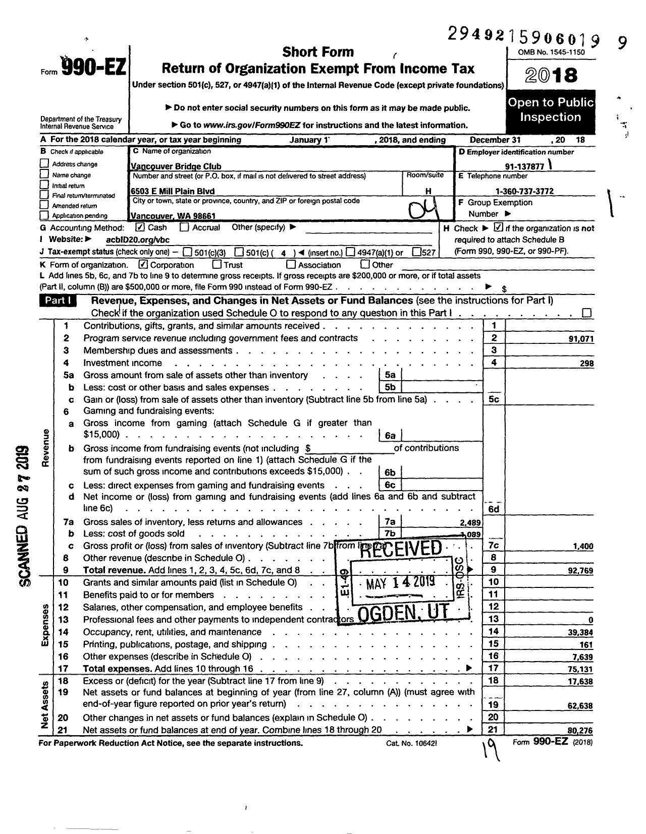 Image of first page of 2018 Form 990EO for Vancouver Bridge Club 452