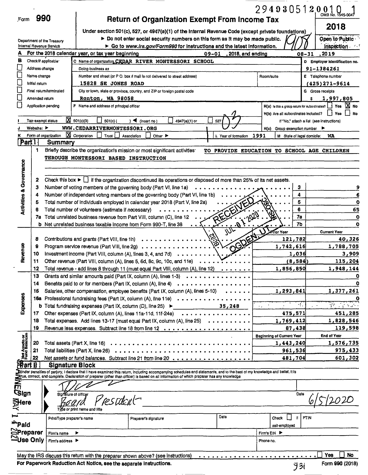 Image of first page of 2018 Form 990 for Cedar RIVER Montessori School