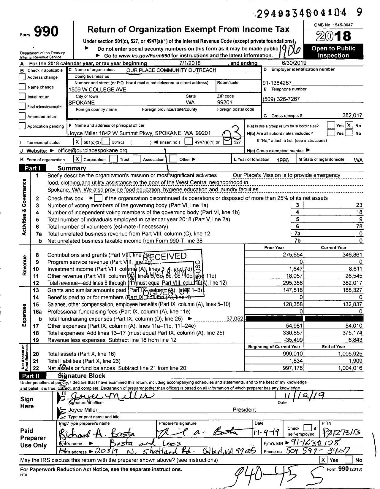 Image of first page of 2018 Form 990 for Our Place Community Outreach